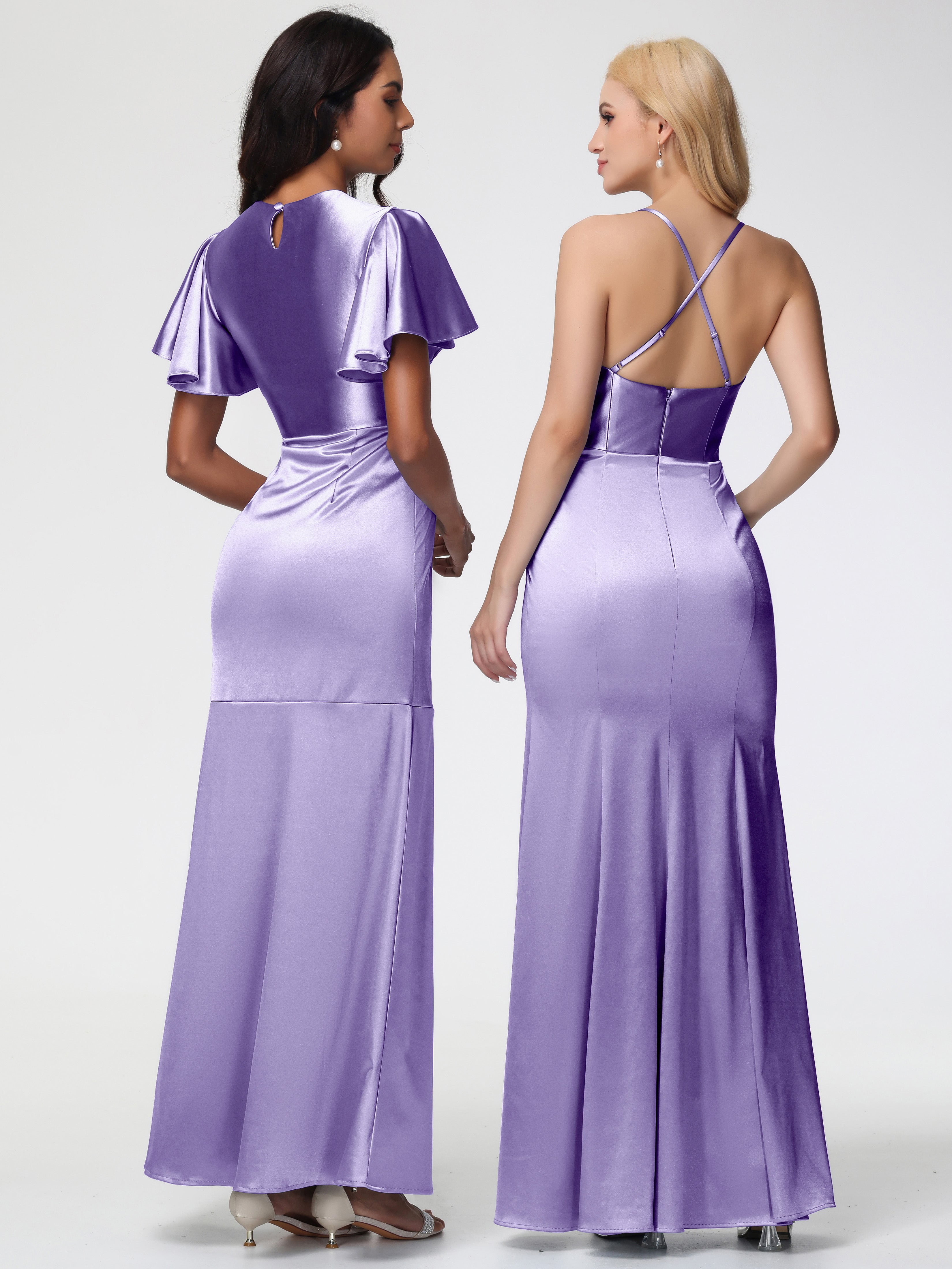 Robes De Demoiselle D'Honneur Tahiti Col Rond Mancherons À Volants Satin Extensible Robe Fourreau Demoiselle D Honneur