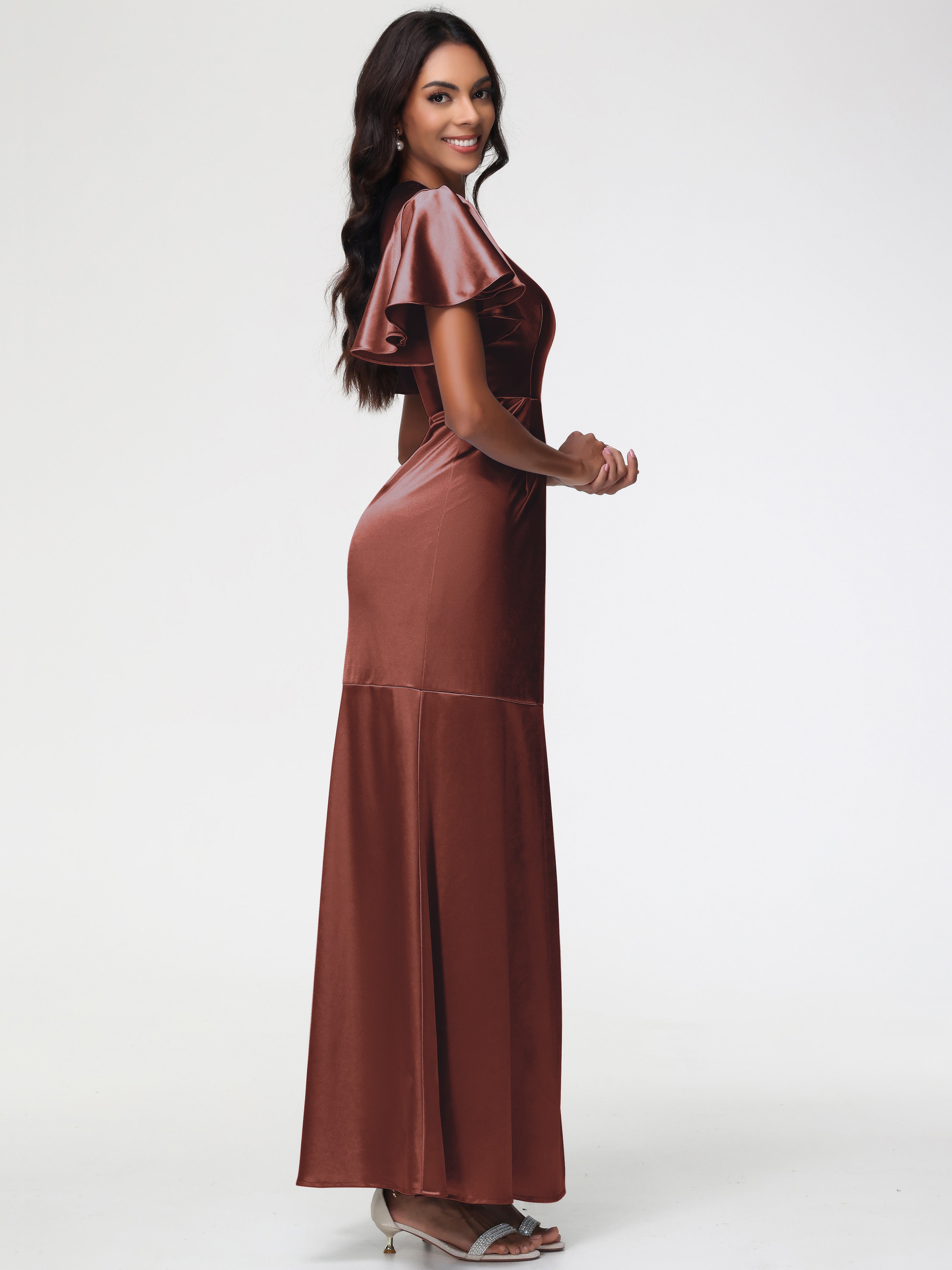 Robe Demoiselle D Honneur Couleur Terracotta Col Rond Mancherons À Volants Satin Extensible Robe Fourreau Demoiselle D Honneur