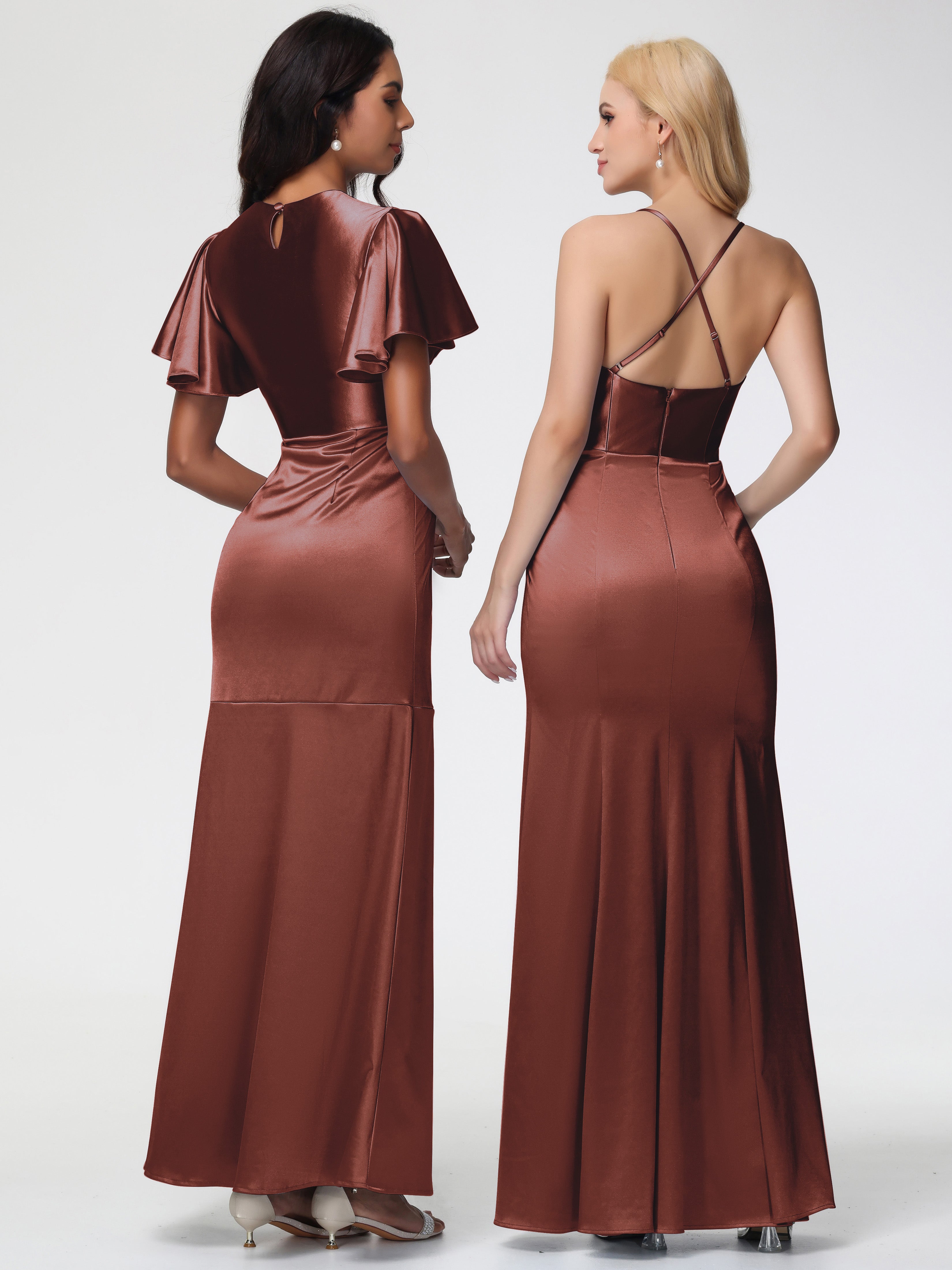 Robe Demoiselle D Honneur Couleur Terracotta Col Rond Mancherons À Volants Satin Extensible Robe Fourreau Demoiselle D Honneur