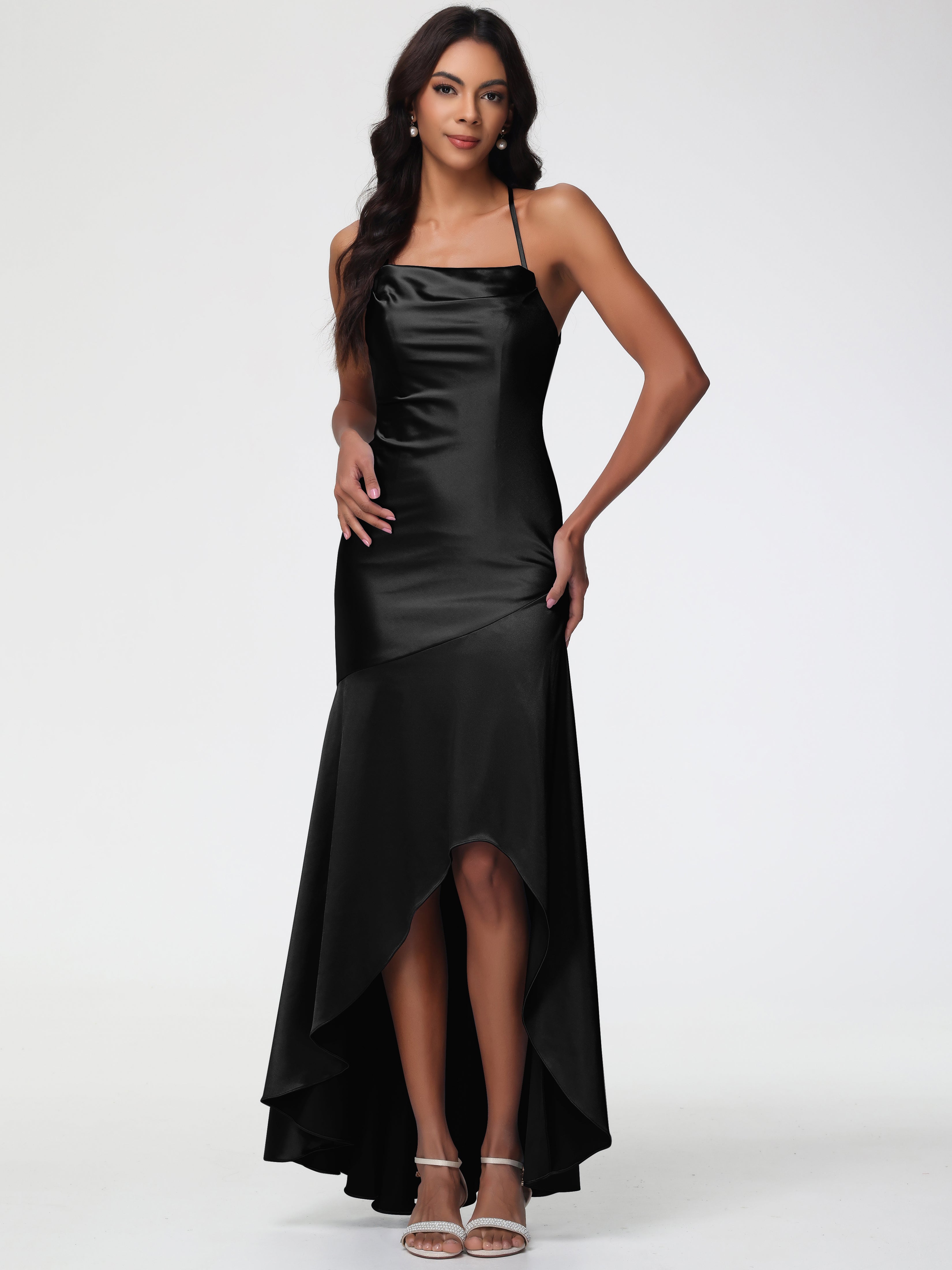 Demoiselle D Honneur En Noir Col Bénitier Satin Extensible Robe Fourreau Demoiselle D'Honneur Asymétrique