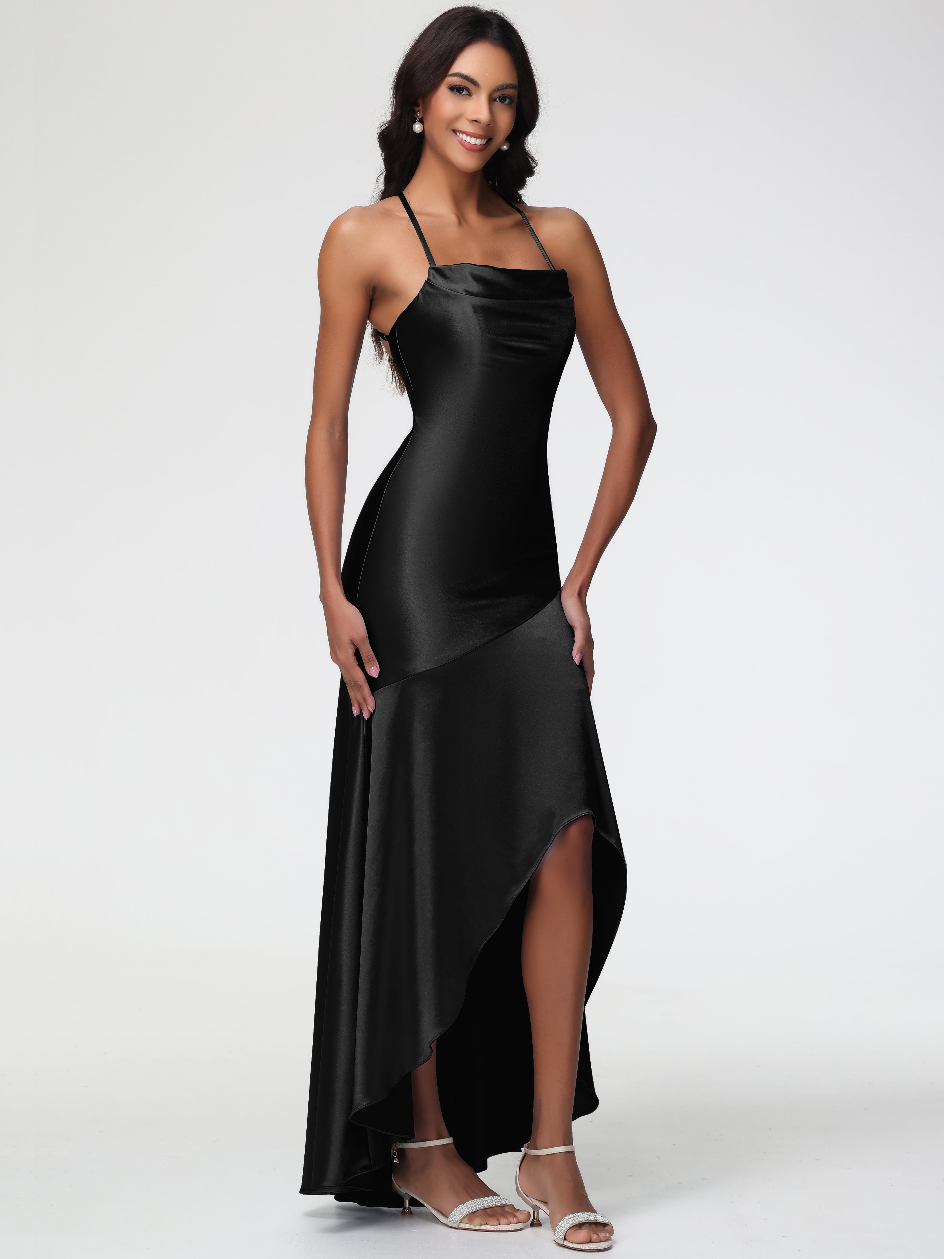 Demoiselle D Honneur En Noir Col Bénitier Satin Extensible Robe Fourreau Demoiselle D'Honneur Asymétrique