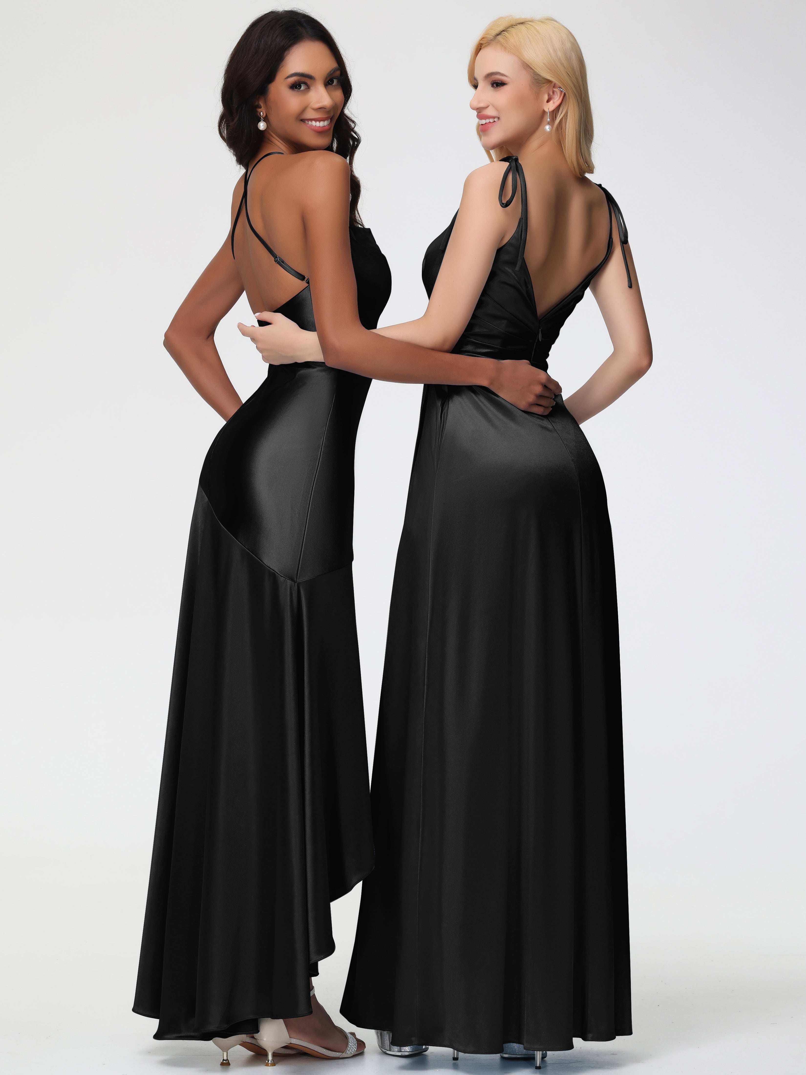 Demoiselle D Honneur En Noir Col Bénitier Satin Extensible Robe Fourreau Demoiselle D'Honneur Asymétrique