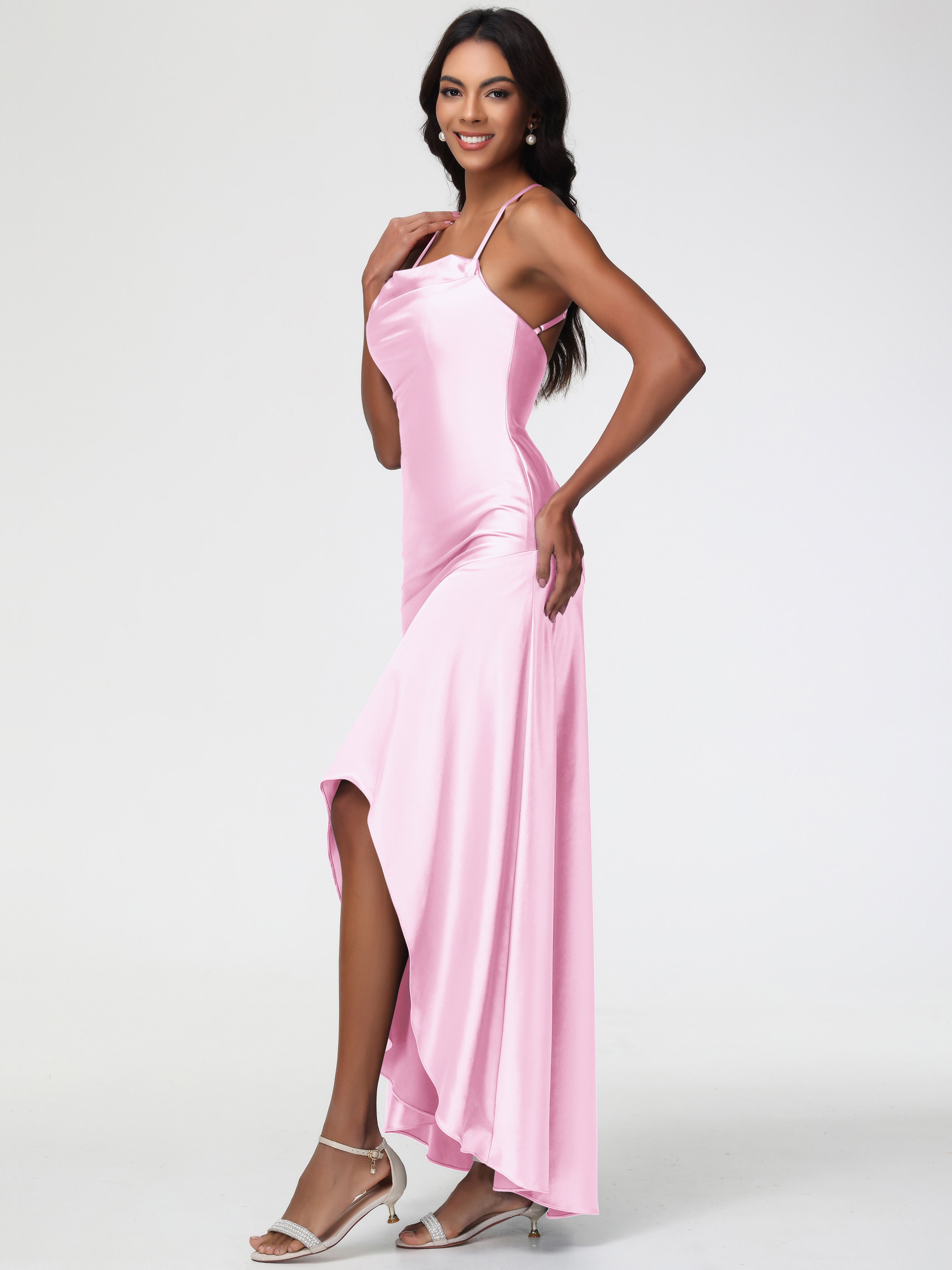 Robes Demoiselles D Honneur Rose Pale Col Bénitier Satin Extensible Robe Fourreau Demoiselle D'Honneur Asymétrique