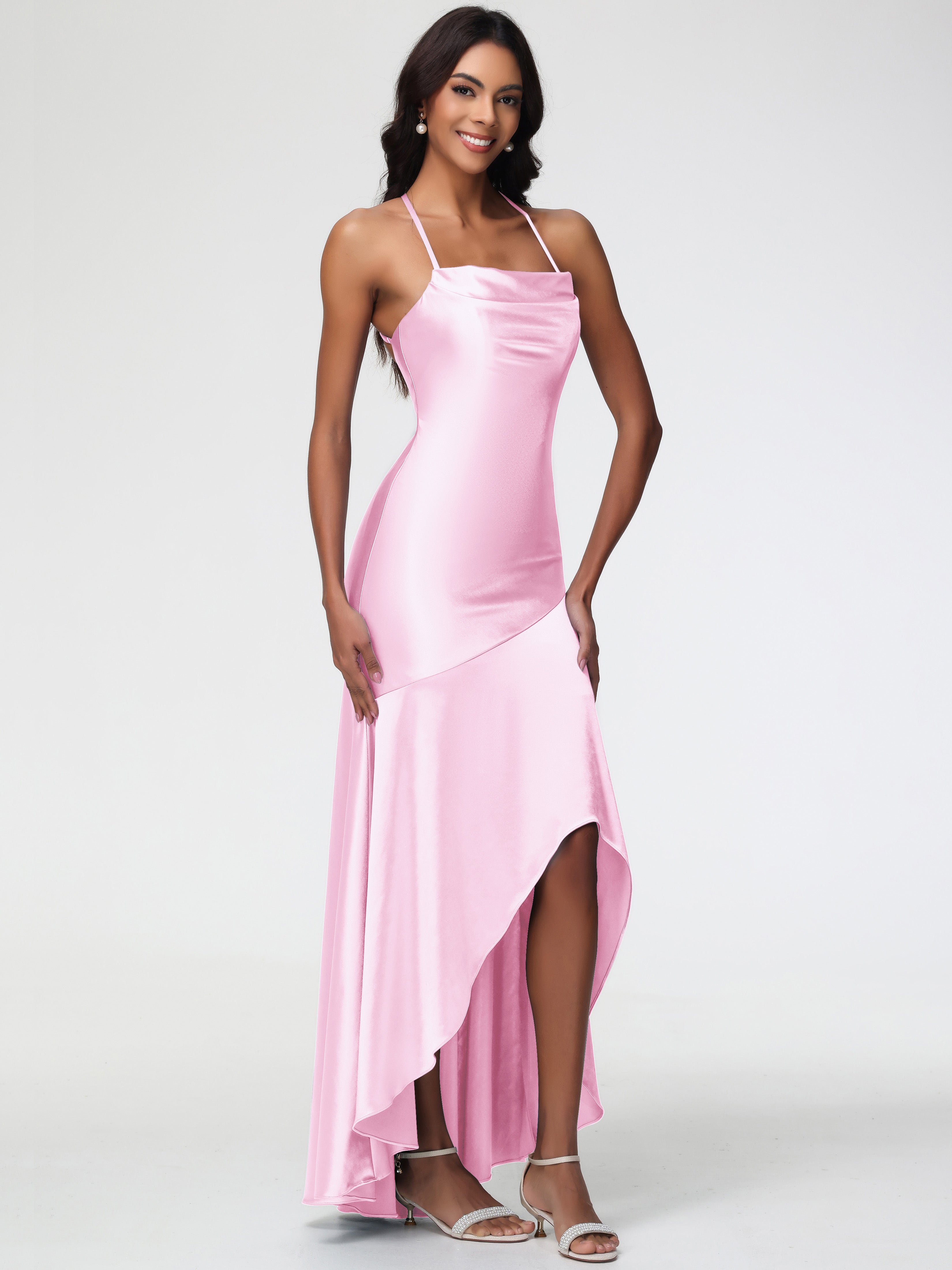 Robes Demoiselles D Honneur Rose Pale Col Bénitier Satin Extensible Robe Fourreau Demoiselle D'Honneur Asymétrique