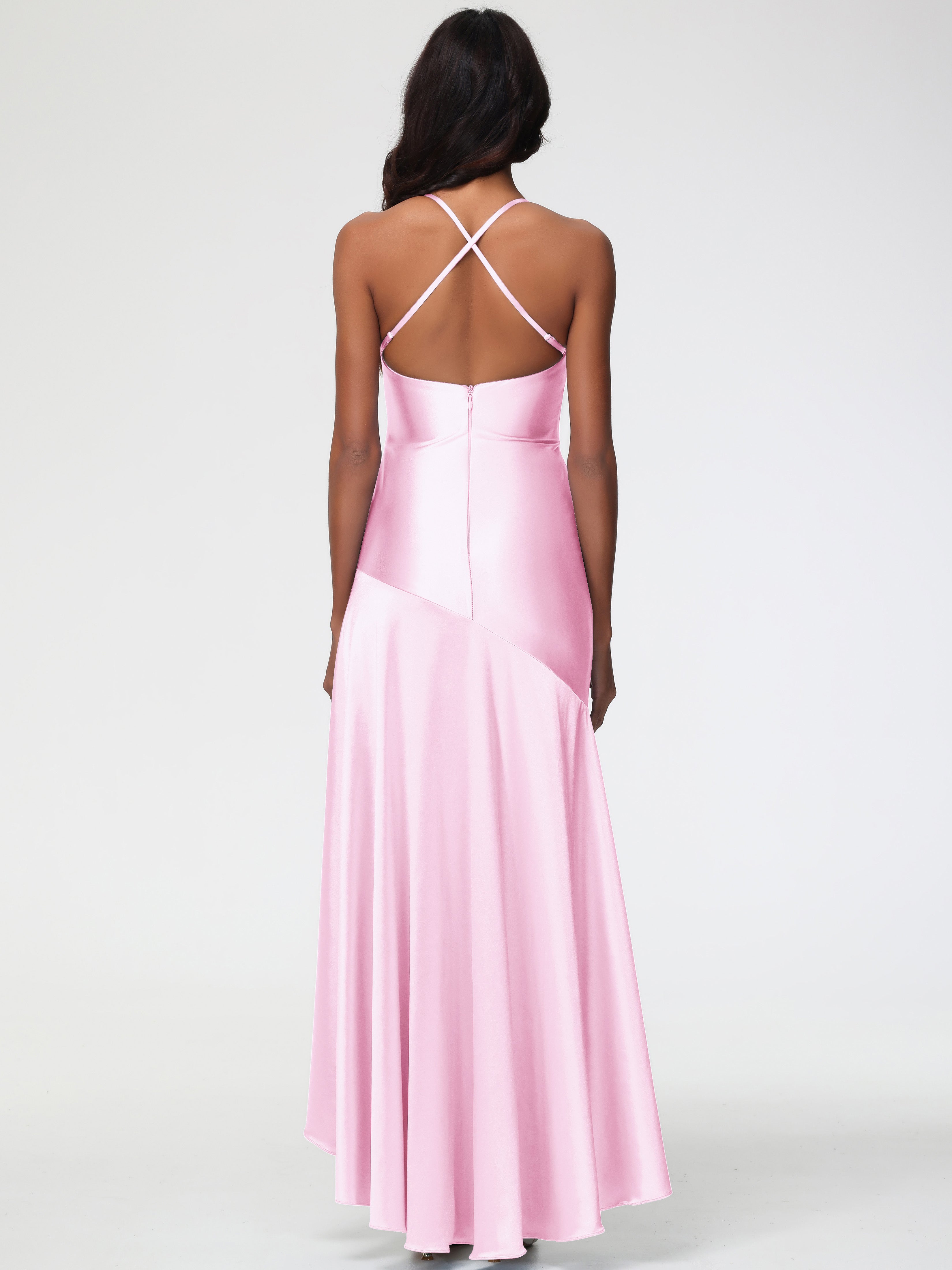 Robes Demoiselles D Honneur Rose Pale Col Bénitier Satin Extensible Robe Fourreau Demoiselle D'Honneur Asymétrique