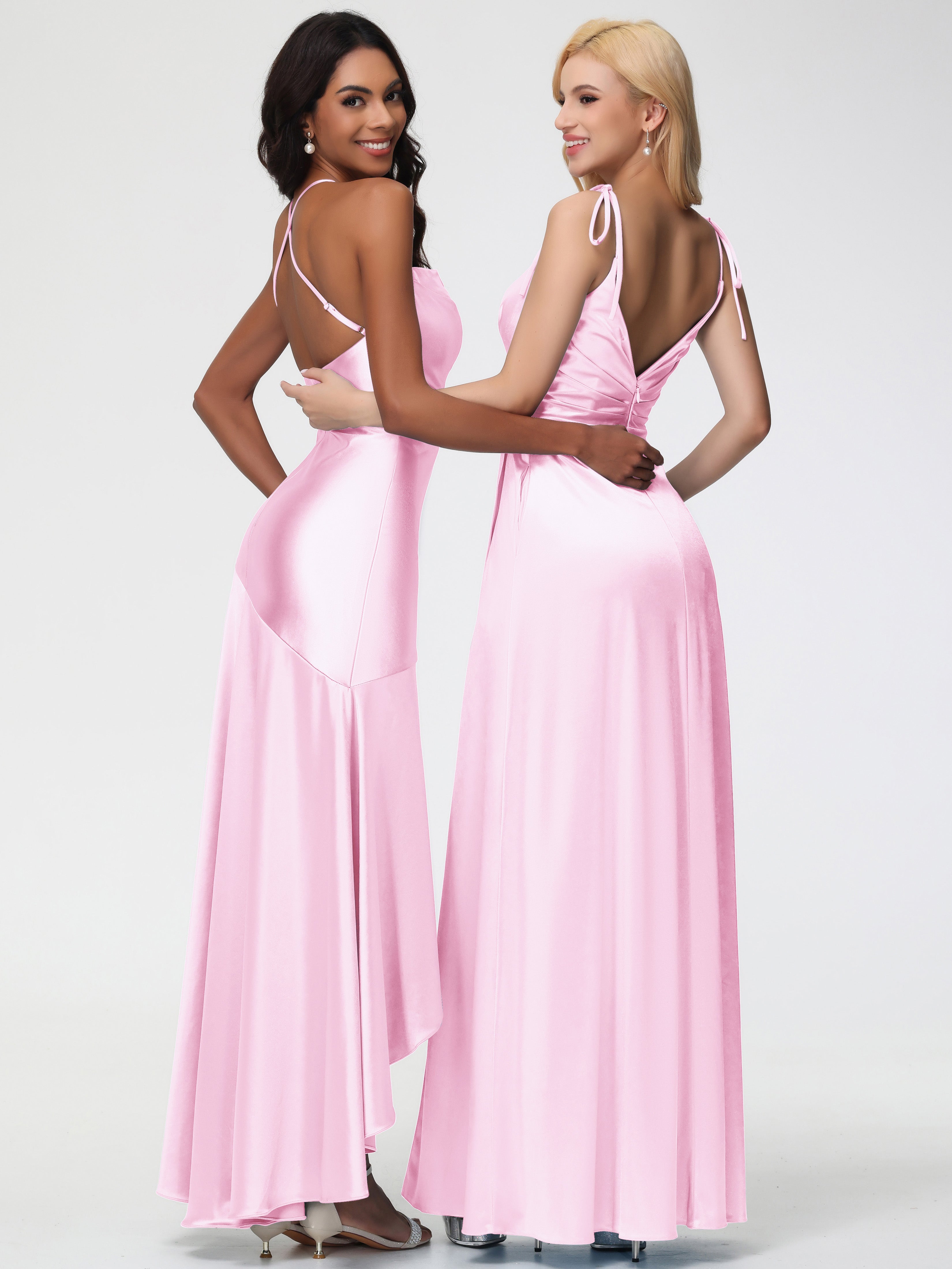 Robes Demoiselles D Honneur Rose Pale Col Bénitier Satin Extensible Robe Fourreau Demoiselle D'Honneur Asymétrique