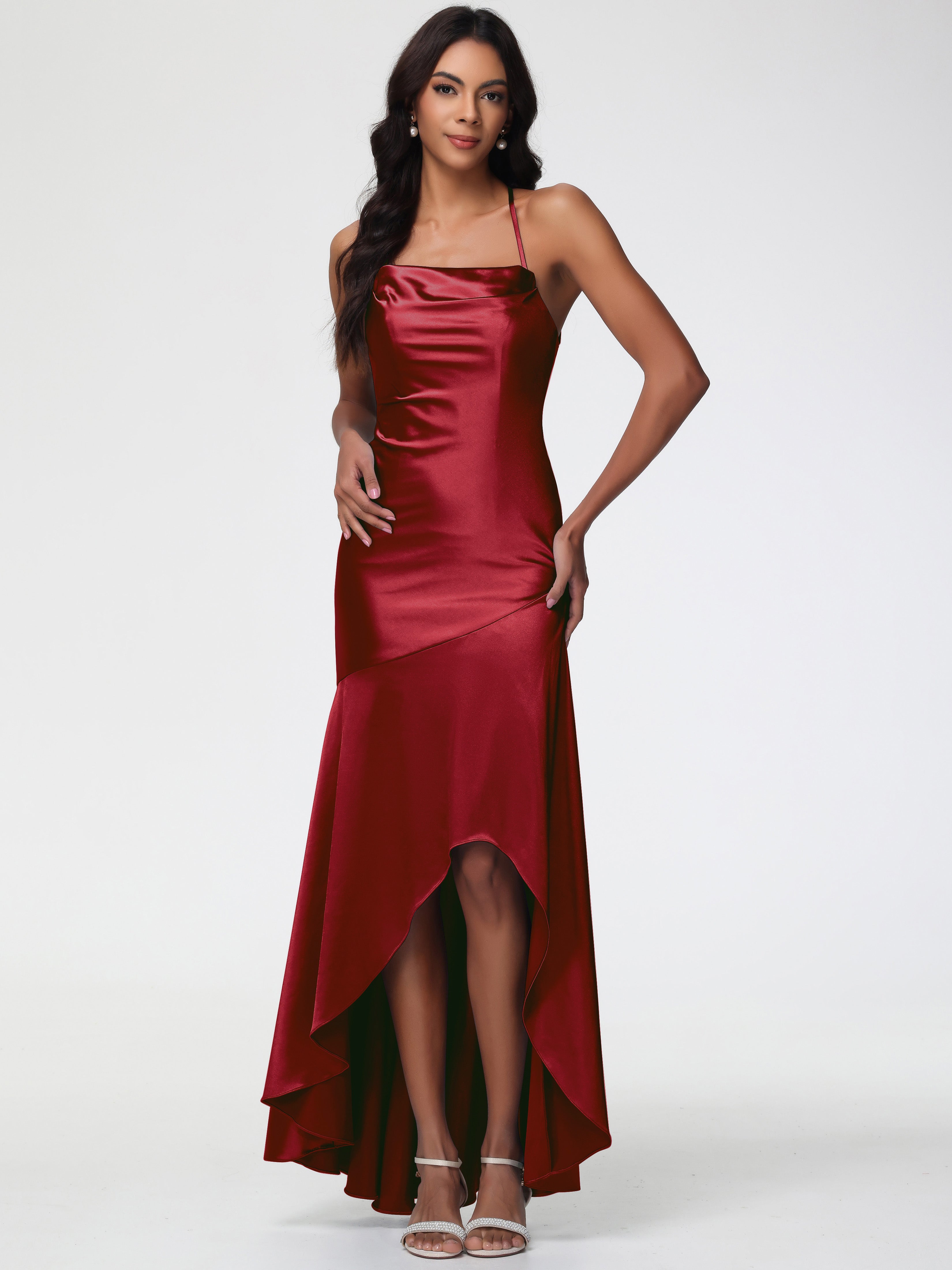 Magasin Robe Demoiselle D Honneur Bordeaux Col Bénitier Satin Extensible Robe Fourreau Demoiselle D'Honneur Asymétrique