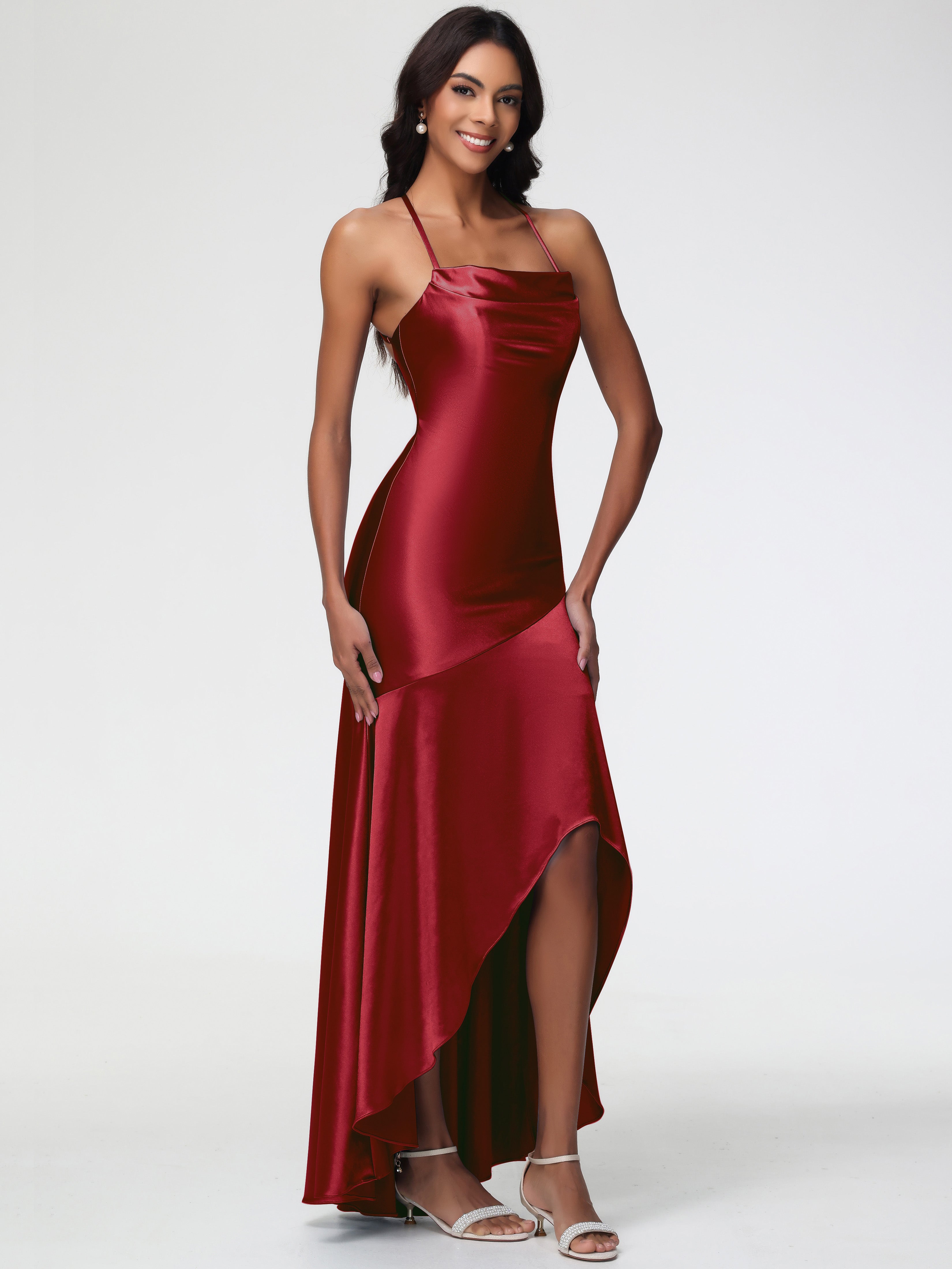 Magasin Robe Demoiselle D Honneur Bordeaux Col Bénitier Satin Extensible Robe Fourreau Demoiselle D'Honneur Asymétrique