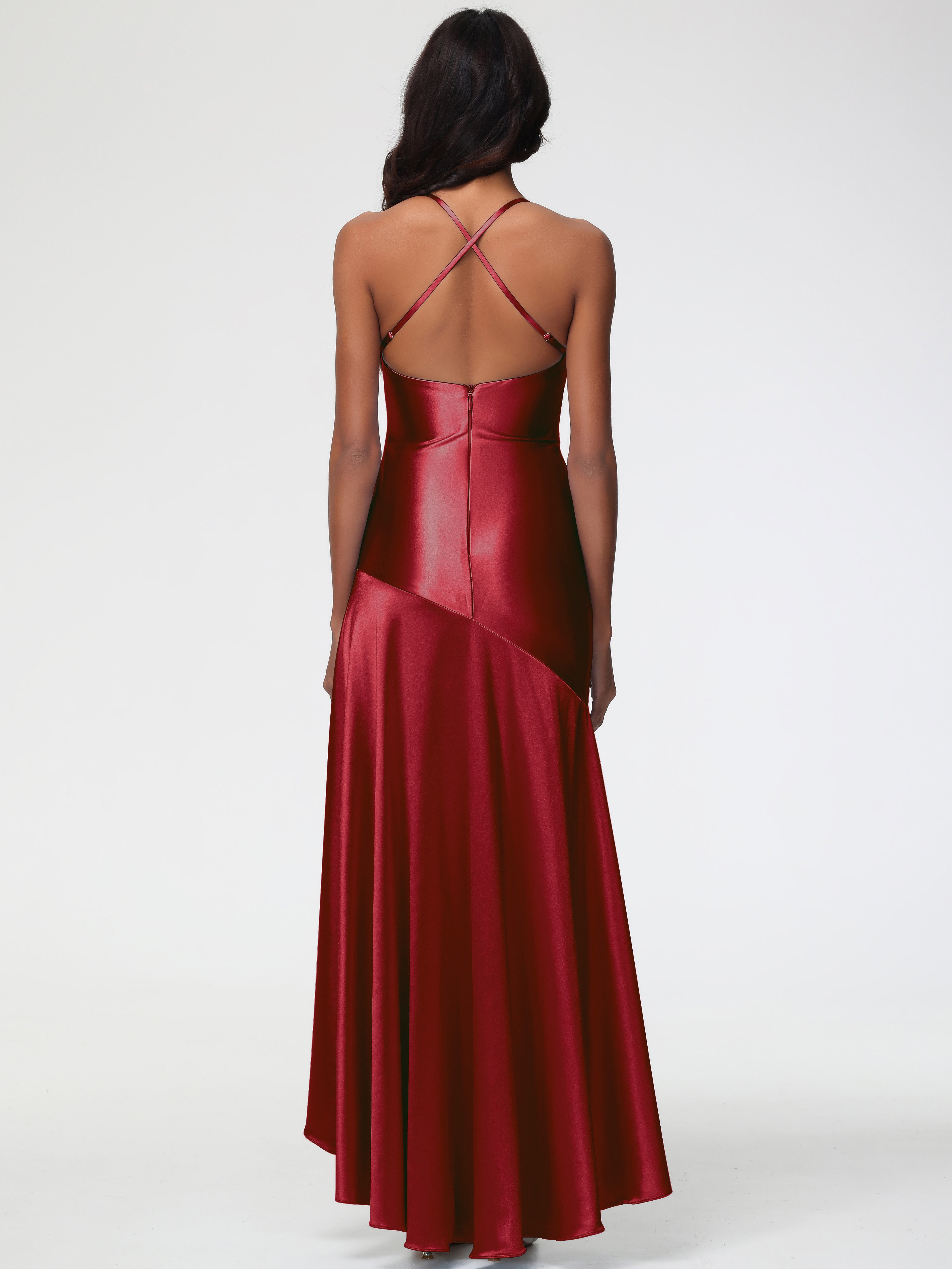 Magasin Robe Demoiselle D Honneur Bordeaux Col Bénitier Satin Extensible Robe Fourreau Demoiselle D'Honneur Asymétrique