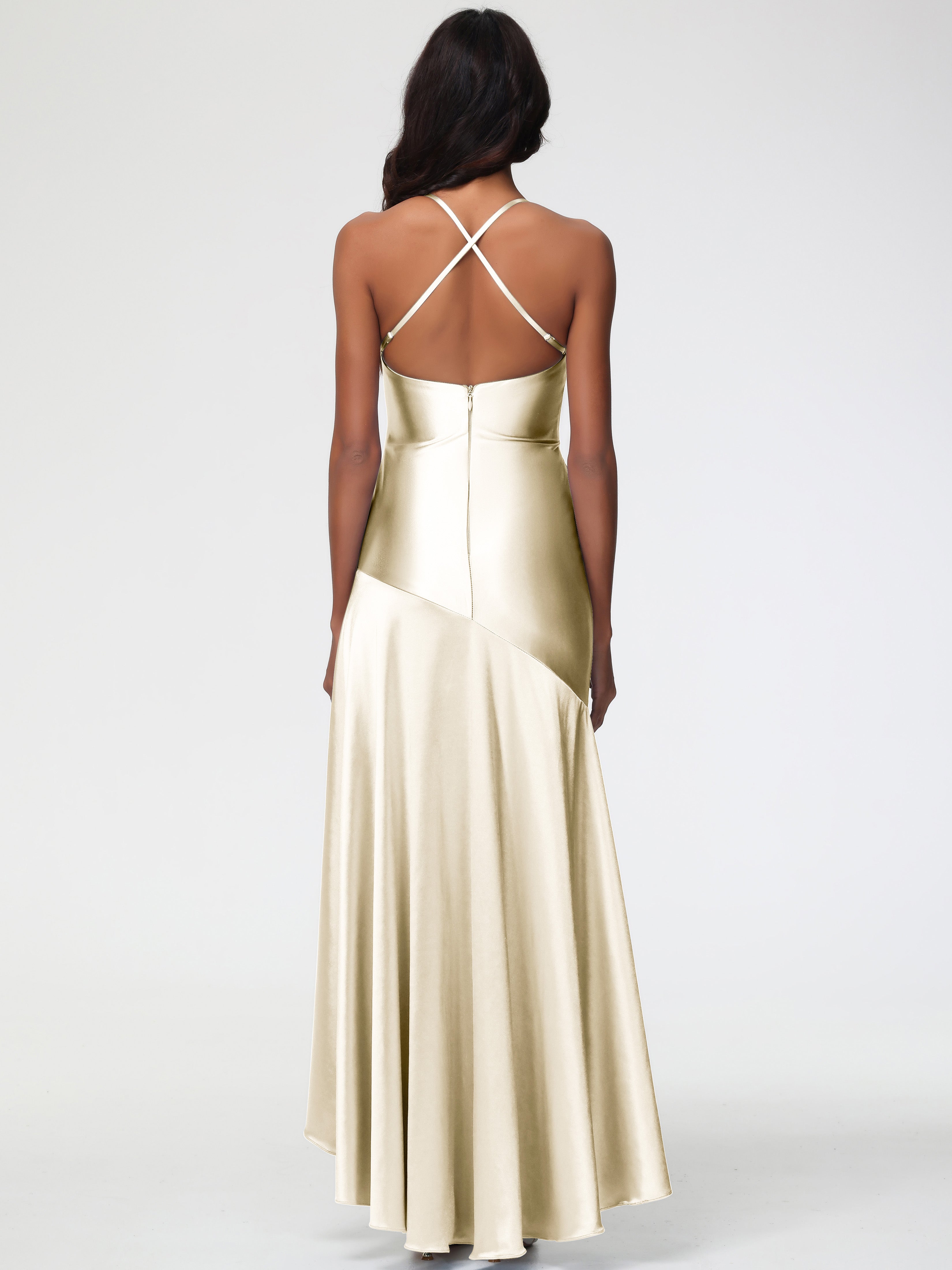 Robes Demoiselle D Honneur Champagne Col Bénitier Satin Extensible Robe Fourreau Demoiselle D'Honneur Asymétrique