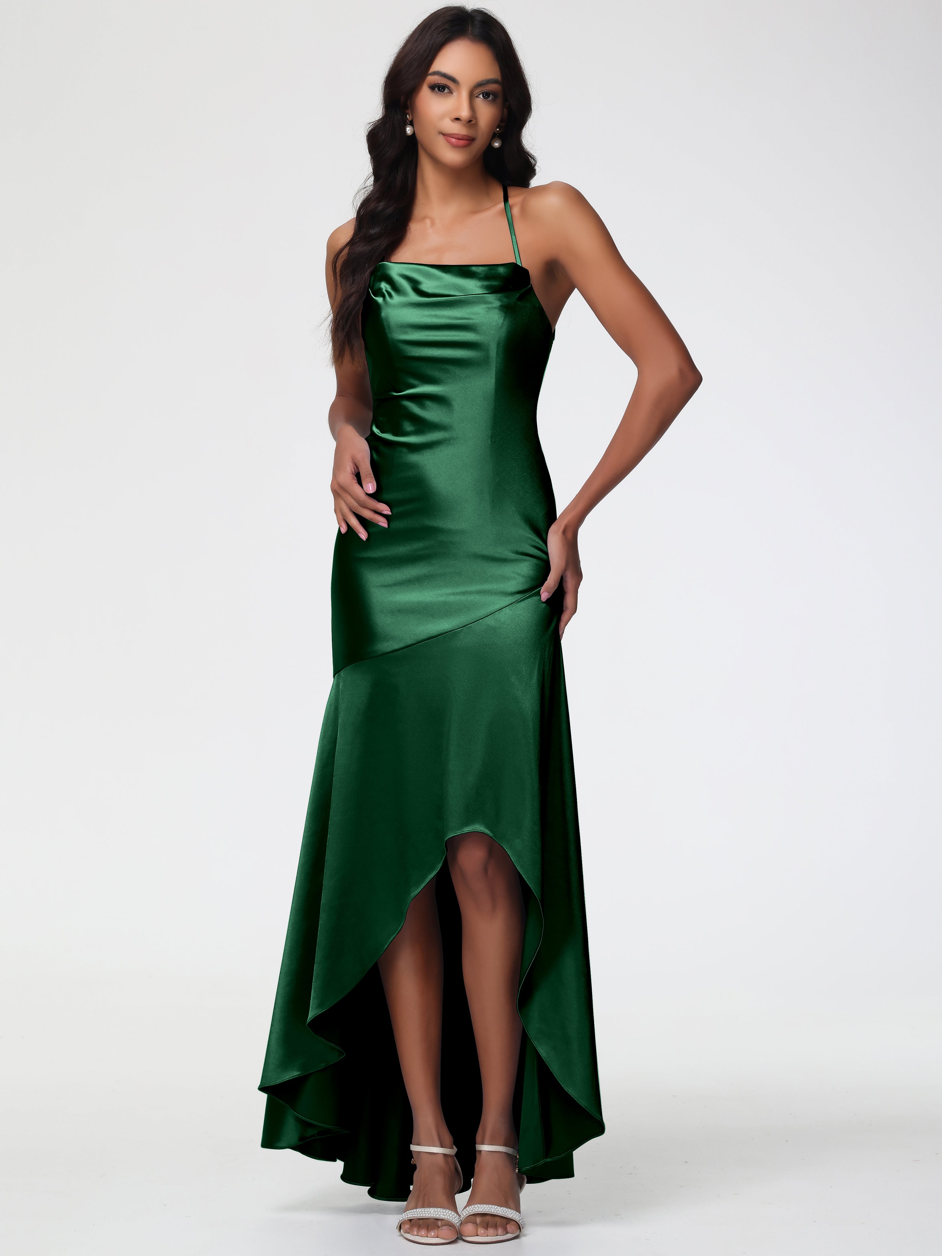 Demoiselle D'Honneur Vert Foncé Col Bénitier Satin Extensible Robe Fourreau Demoiselle D'Honneur Asymétrique