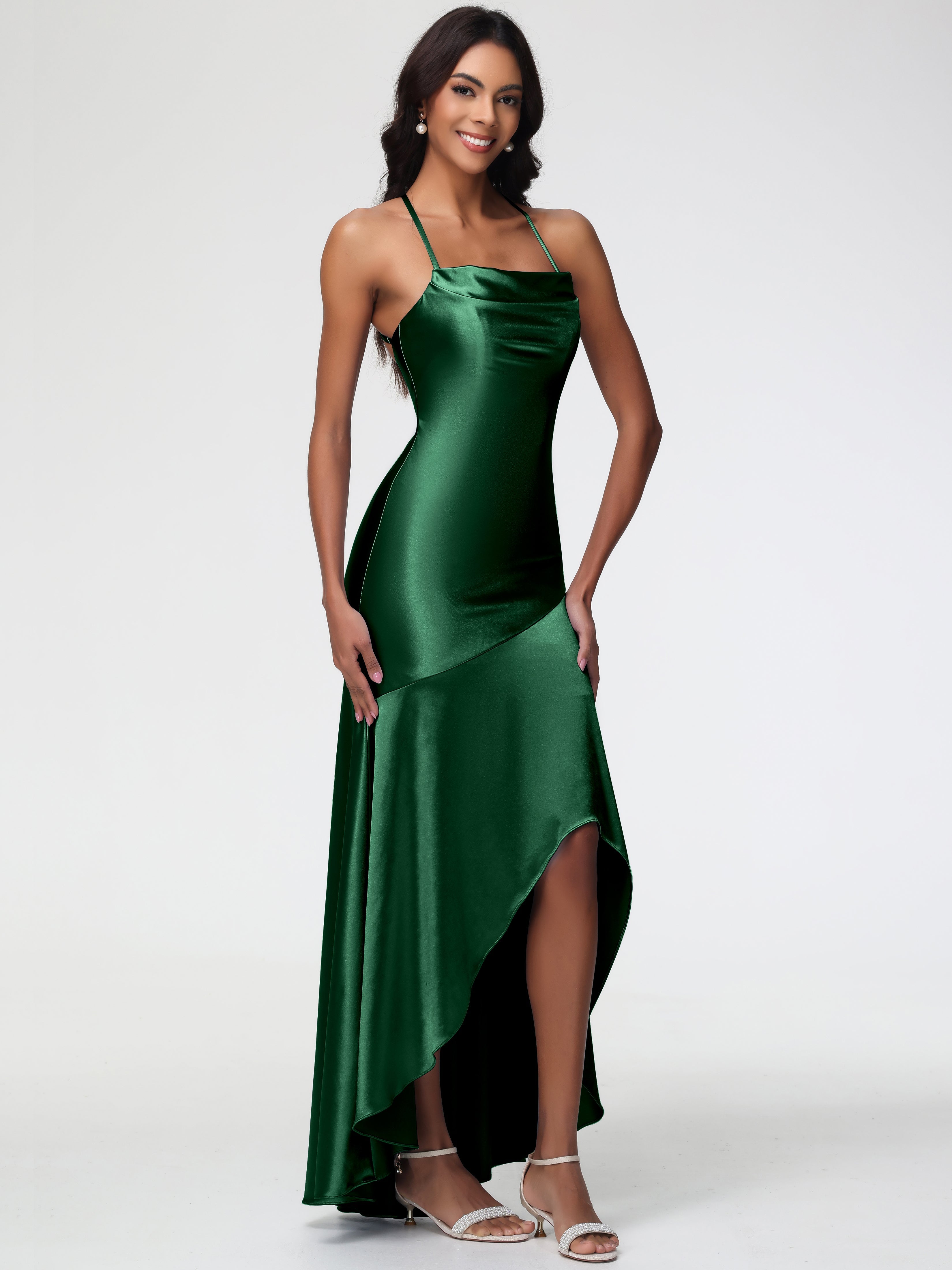 Demoiselle D'Honneur Vert Foncé Col Bénitier Satin Extensible Robe Fourreau Demoiselle D'Honneur Asymétrique