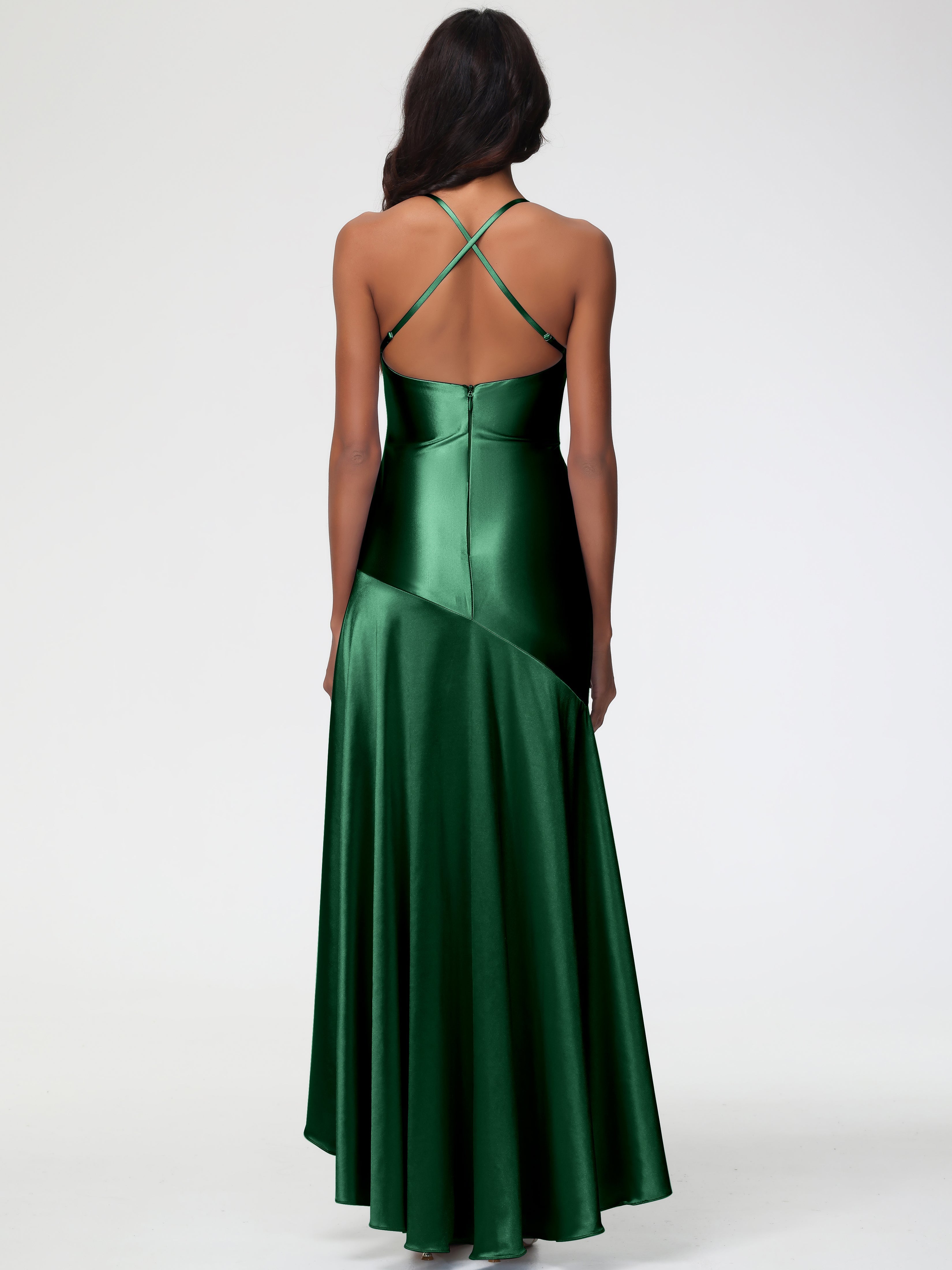 Demoiselle D'Honneur Vert Foncé Col Bénitier Satin Extensible Robe Fourreau Demoiselle D'Honneur Asymétrique