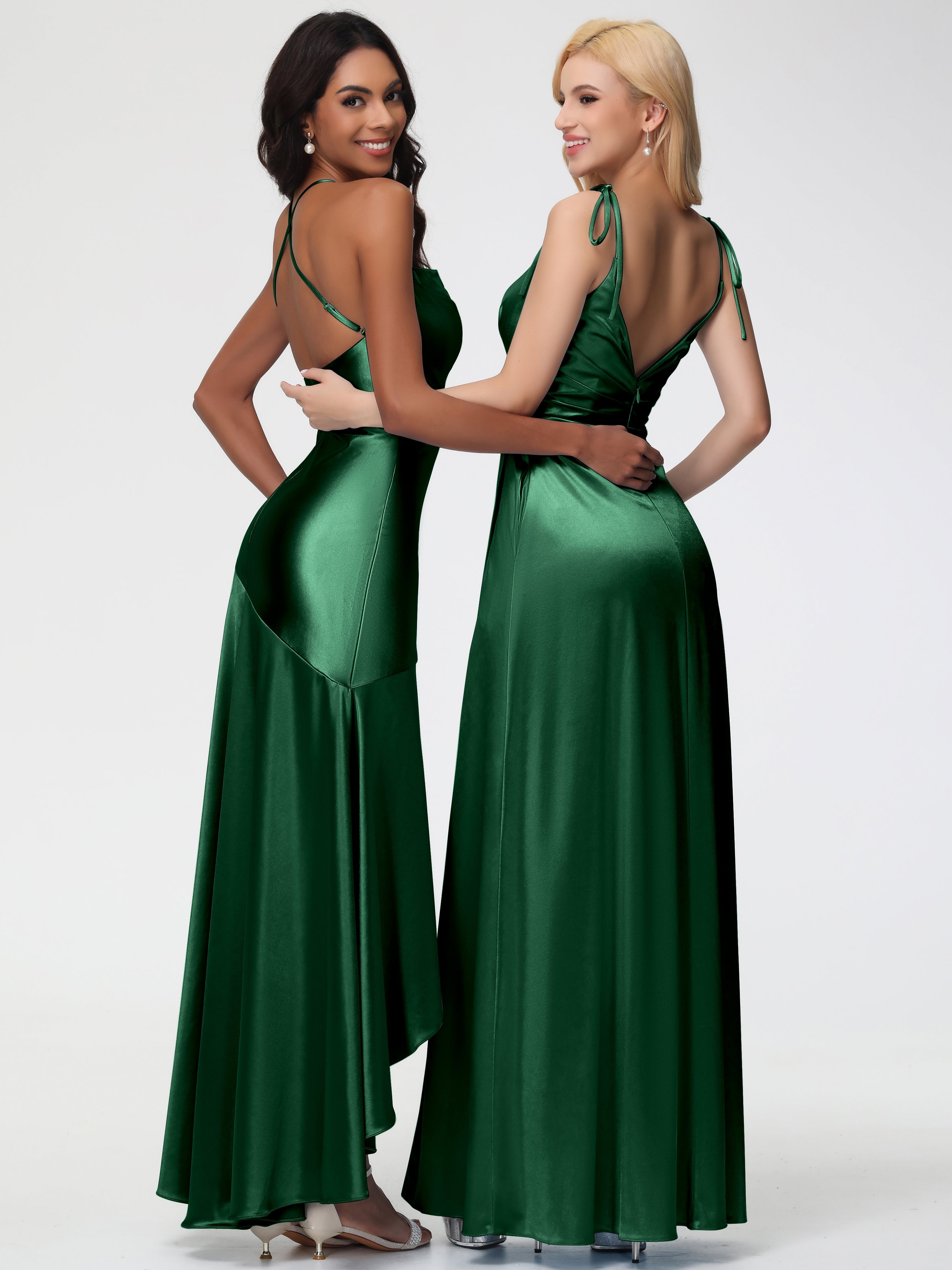 Demoiselle D'Honneur Vert Foncé Col Bénitier Satin Extensible Robe Fourreau Demoiselle D'Honneur Asymétrique