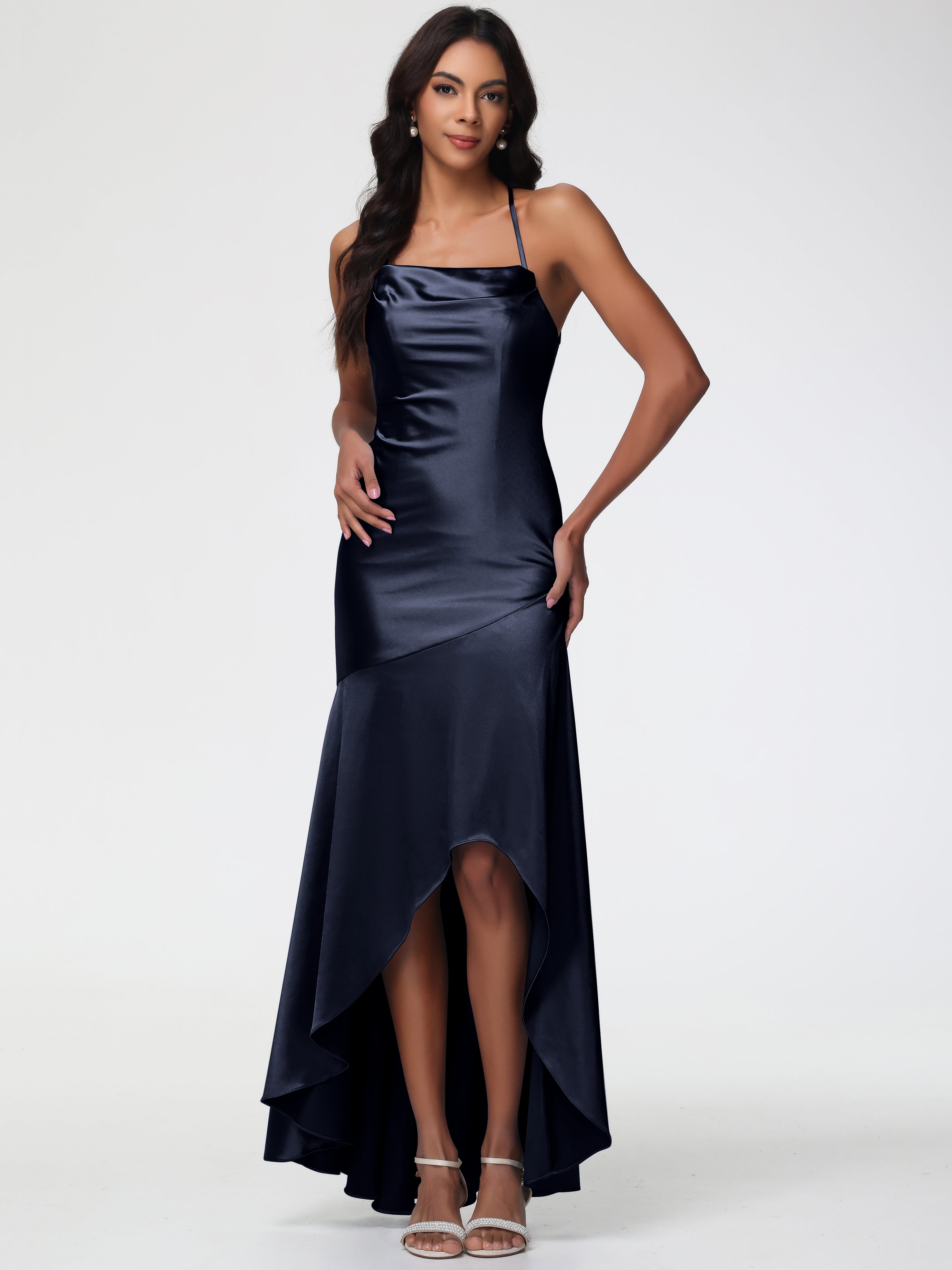 Robes De Demoiselle D'Honneur Bleu Marine Col Bénitier Satin Extensible Robe Fourreau Demoiselle D'Honneur Asymétrique