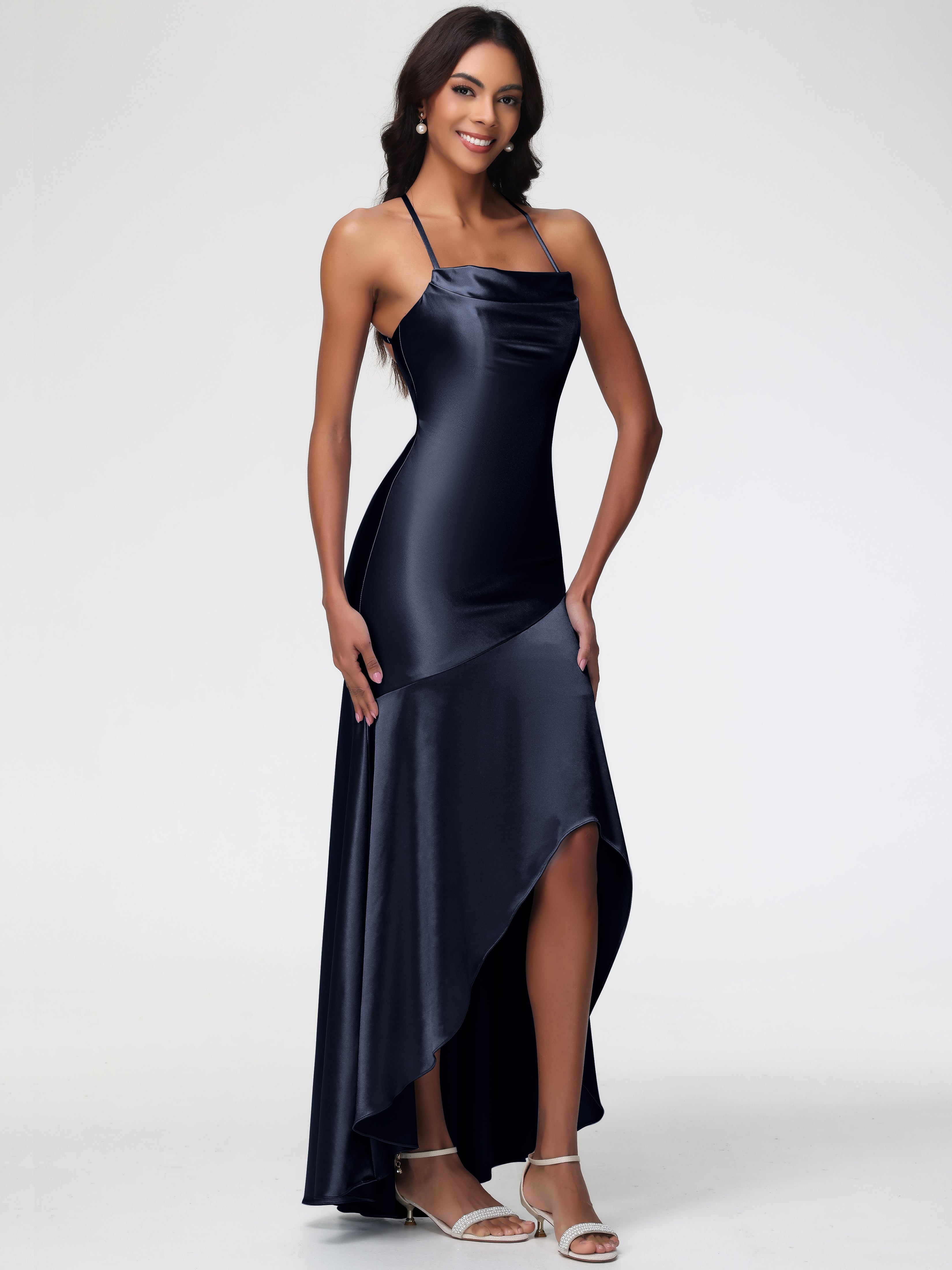 Robes De Demoiselle D'Honneur Bleu Marine Col Bénitier Satin Extensible Robe Fourreau Demoiselle D'Honneur Asymétrique