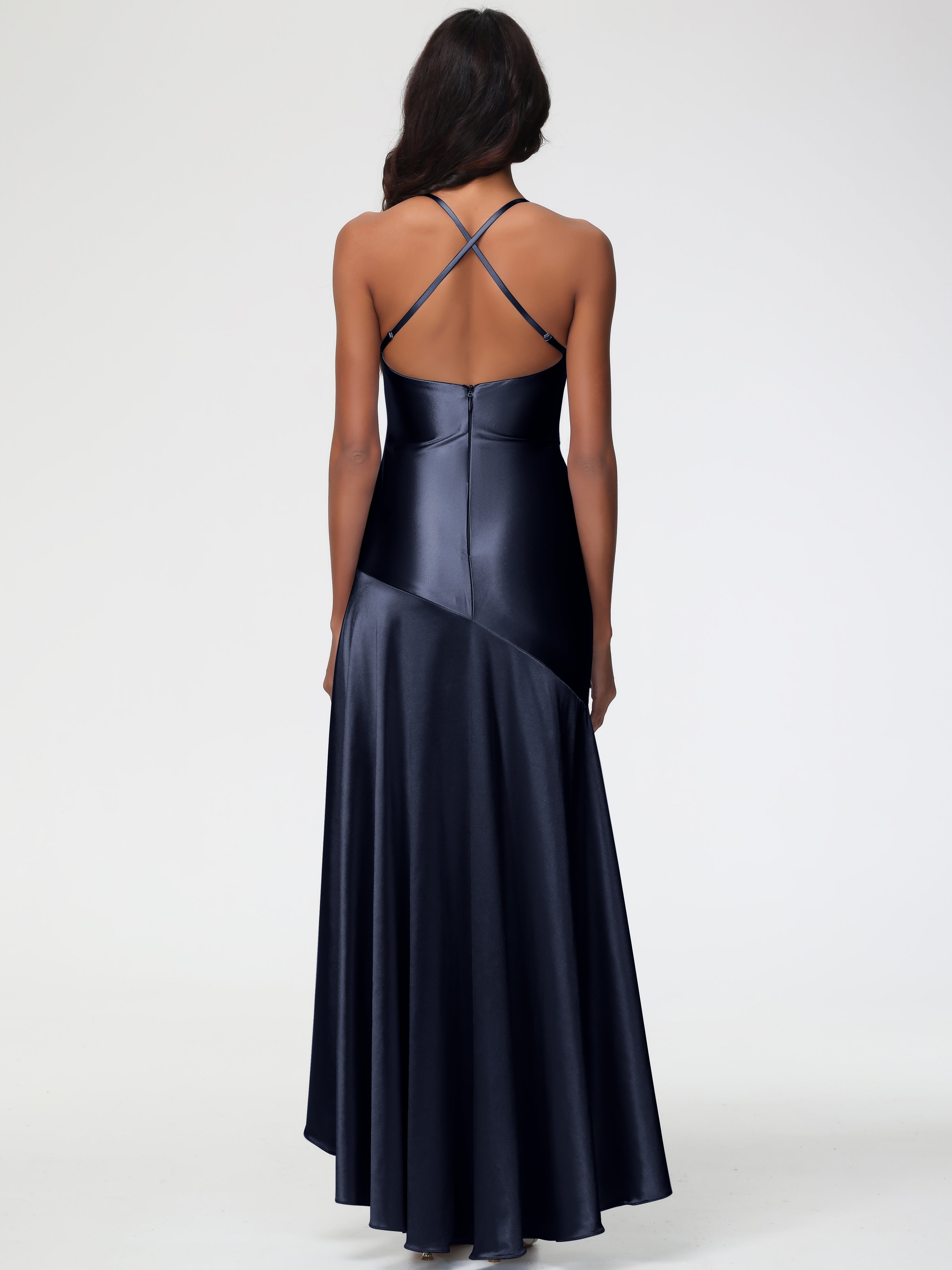 Robes De Demoiselle D'Honneur Bleu Marine Col Bénitier Satin Extensible Robe Fourreau Demoiselle D'Honneur Asymétrique