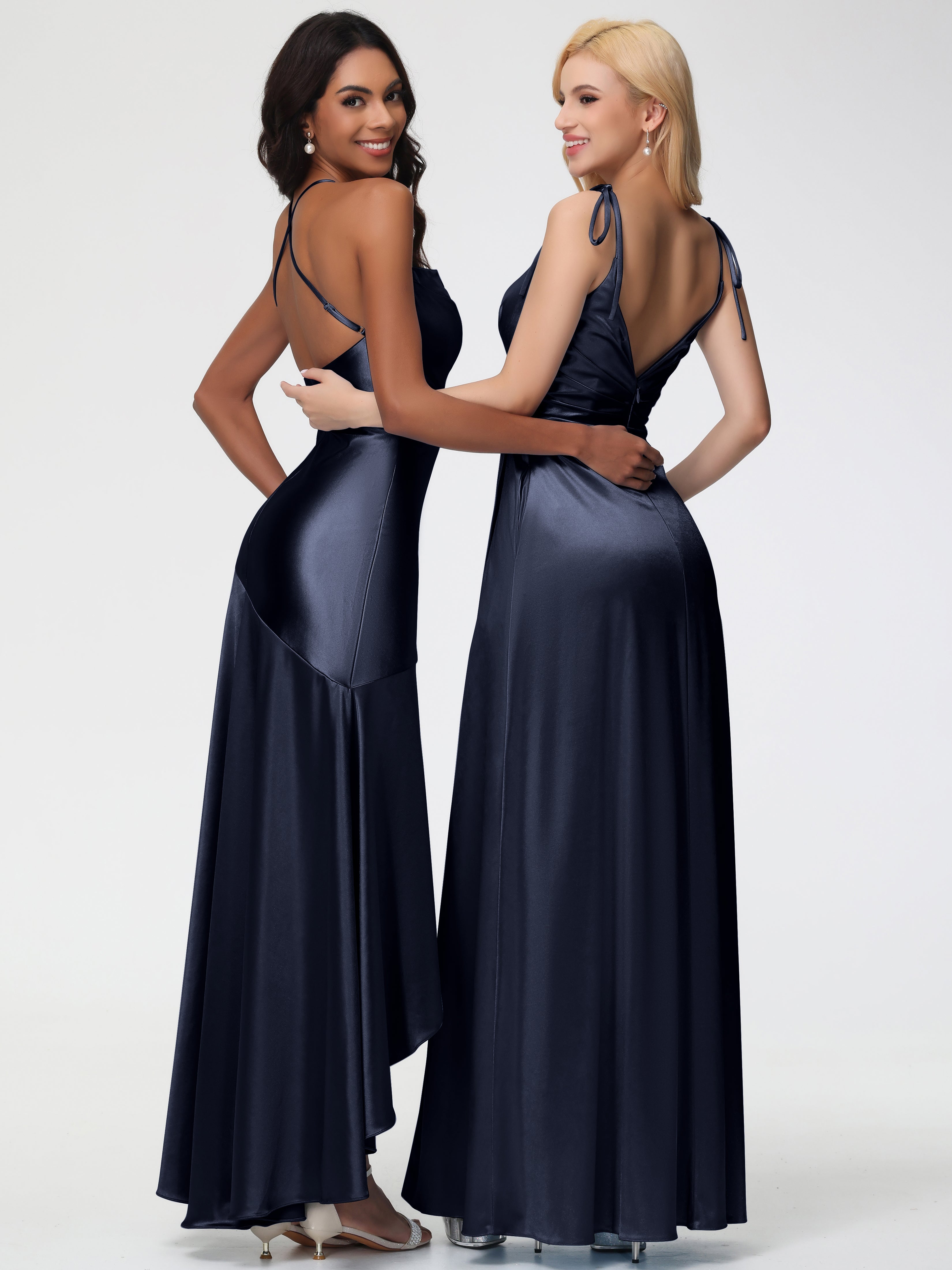 Robes De Demoiselle D'Honneur Bleu Marine Col Bénitier Satin Extensible Robe Fourreau Demoiselle D'Honneur Asymétrique