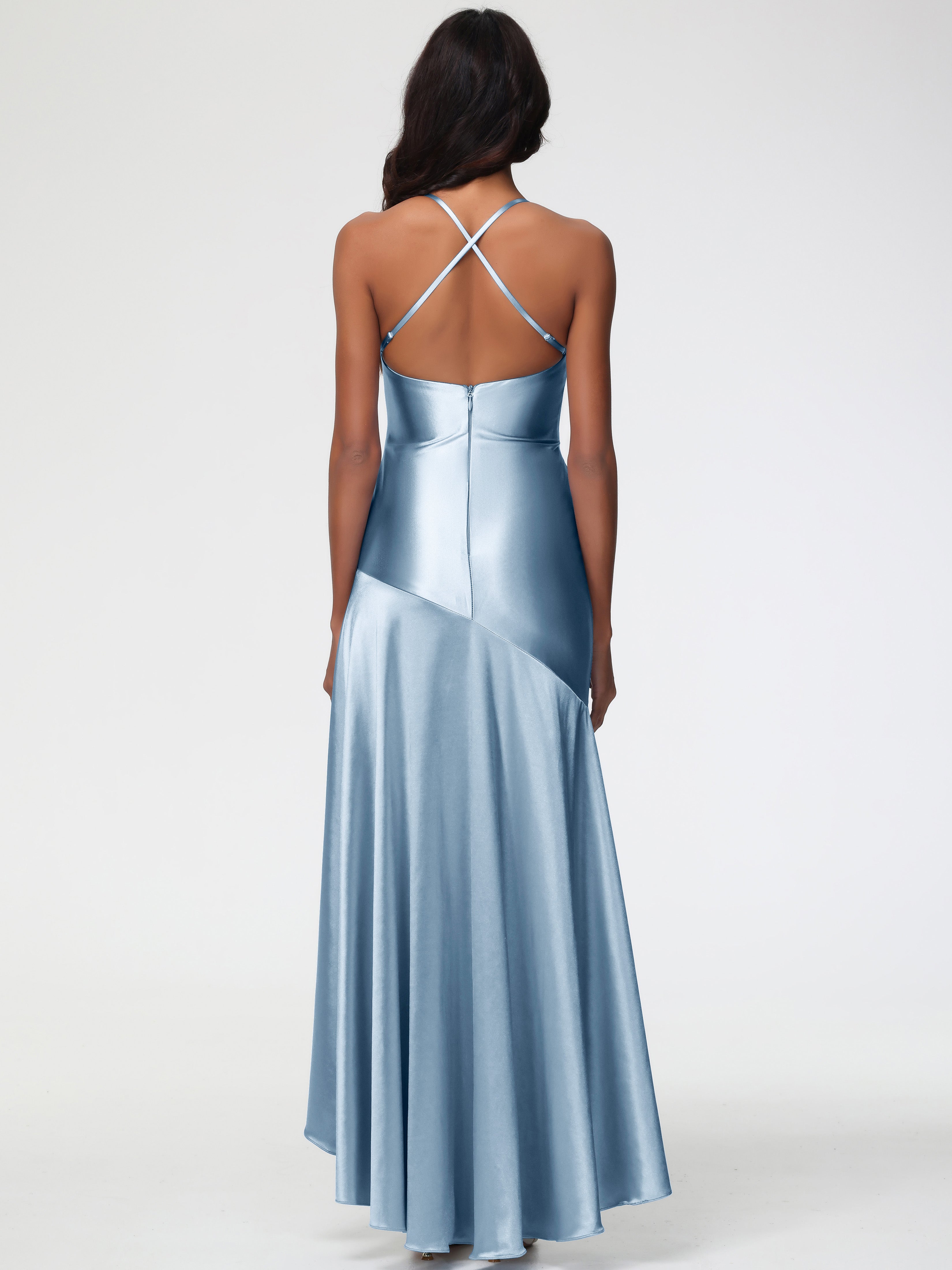 Robes De Demoiselle D'Honneur Bleu Gris Col Bénitier Satin Extensible Robe Fourreau Demoiselle D'Honneur Asymétrique