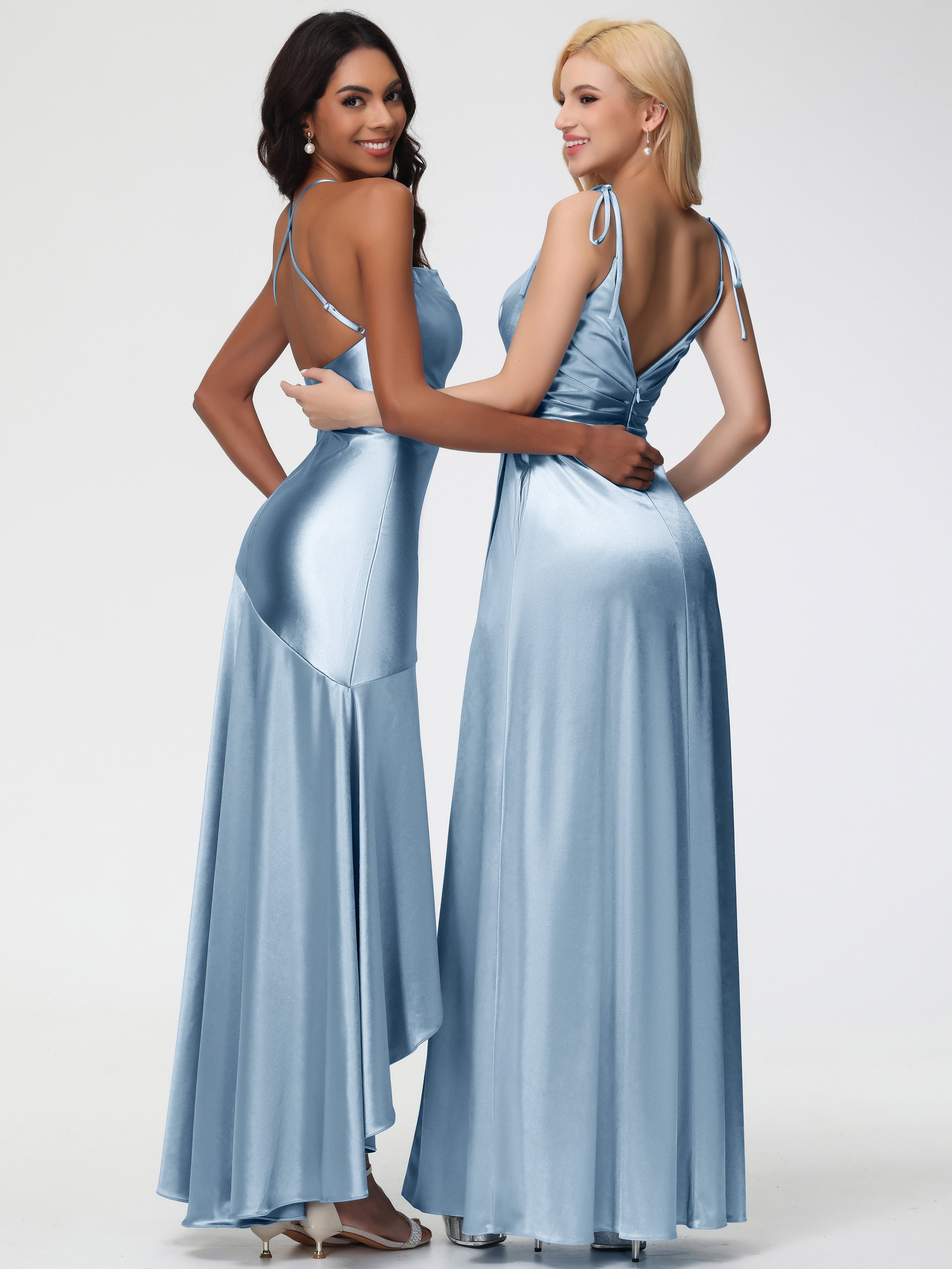 Robes De Demoiselle D'Honneur Bleu Gris Col Bénitier Satin Extensible Robe Fourreau Demoiselle D'Honneur Asymétrique