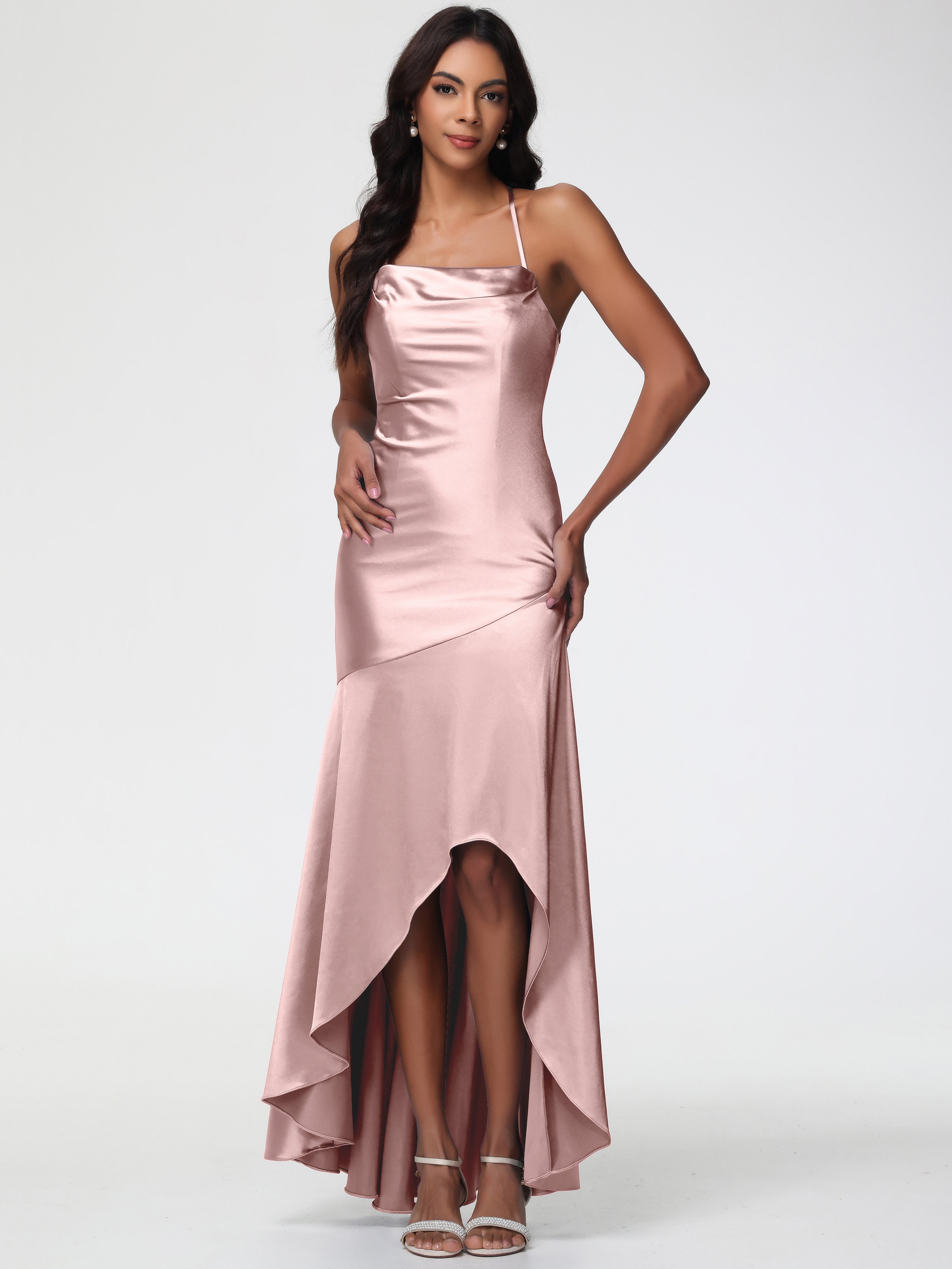 Demoiselle D Honneur Rose Poudré Col Bénitier Satin Extensible Robe Fourreau Demoiselle D'Honneur Asymétrique