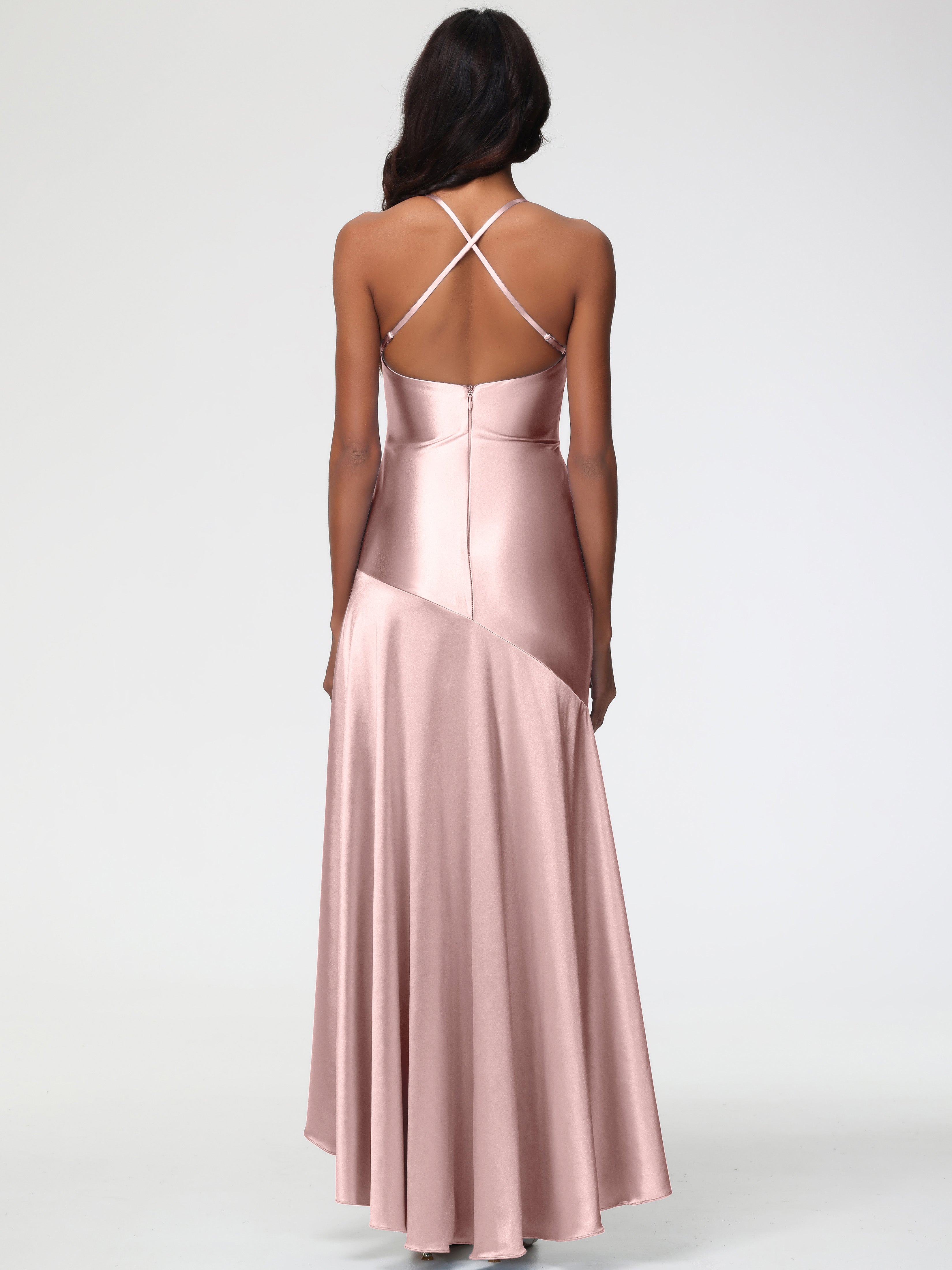 Demoiselle D Honneur Rose Poudré Col Bénitier Satin Extensible Robe Fourreau Demoiselle D'Honneur Asymétrique