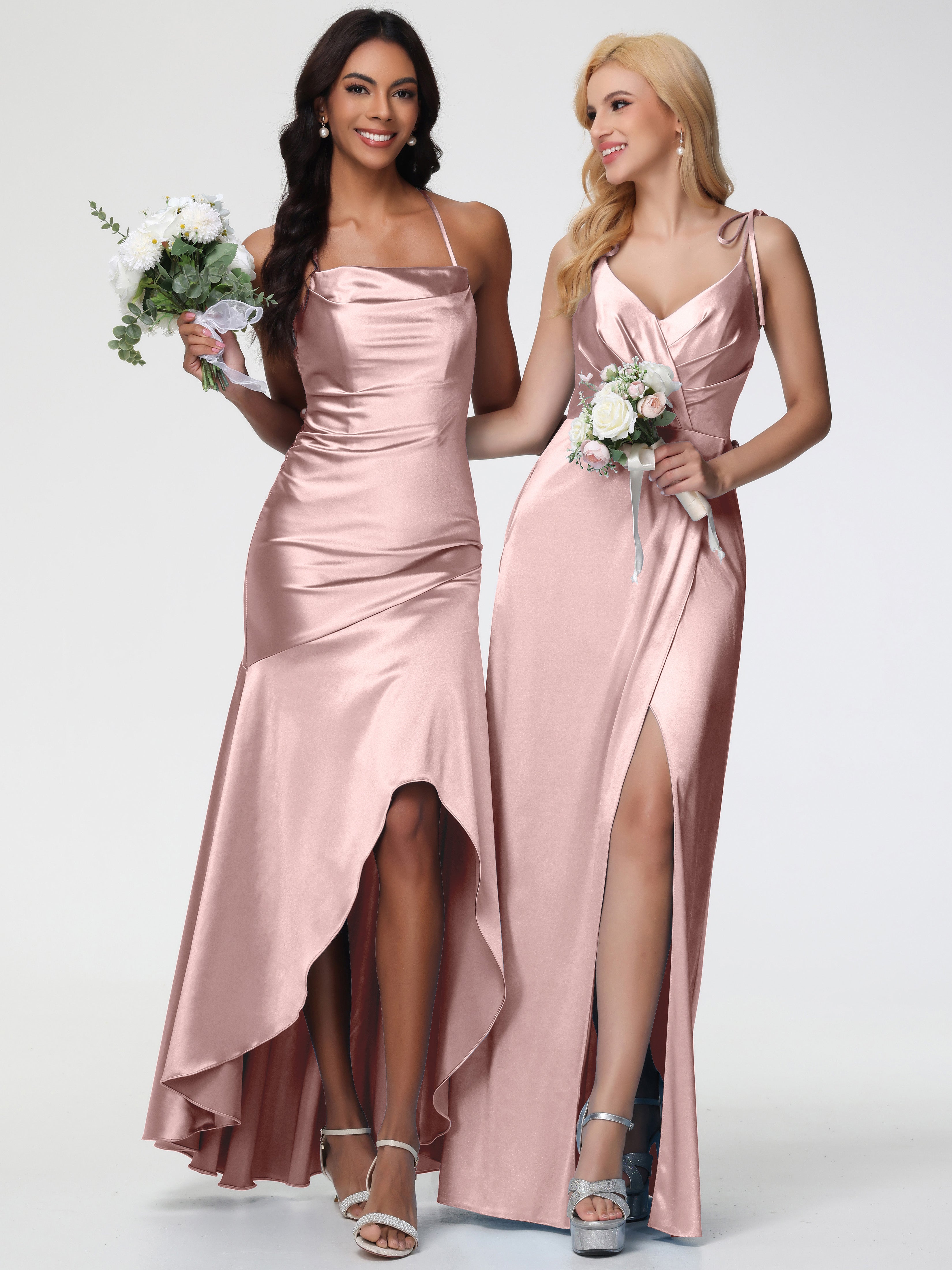 Demoiselle D Honneur Rose Poudré Col Bénitier Satin Extensible Robe Fourreau Demoiselle D'Honneur Asymétrique
