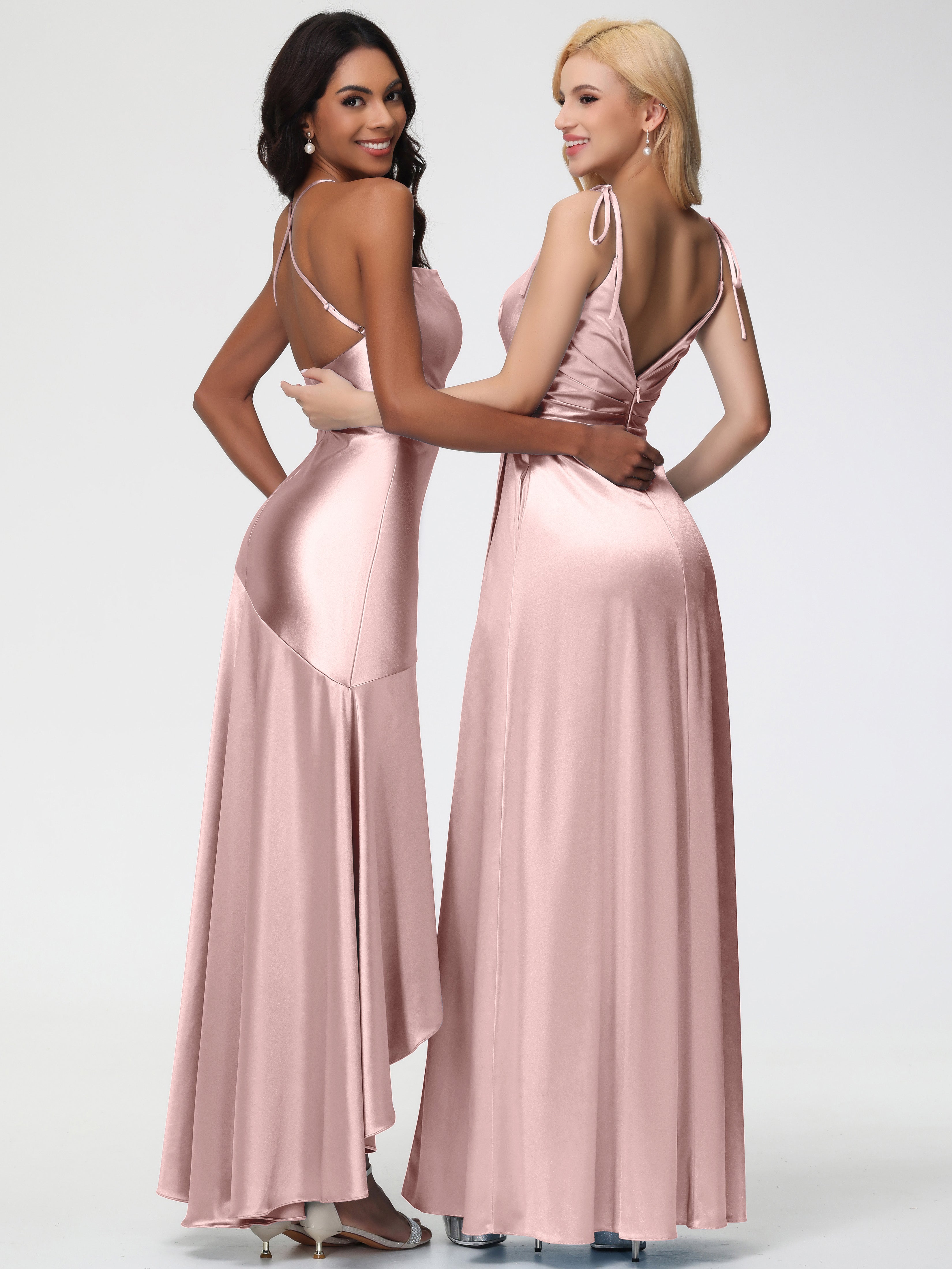 Demoiselle D Honneur Rose Poudré Col Bénitier Satin Extensible Robe Fourreau Demoiselle D'Honneur Asymétrique