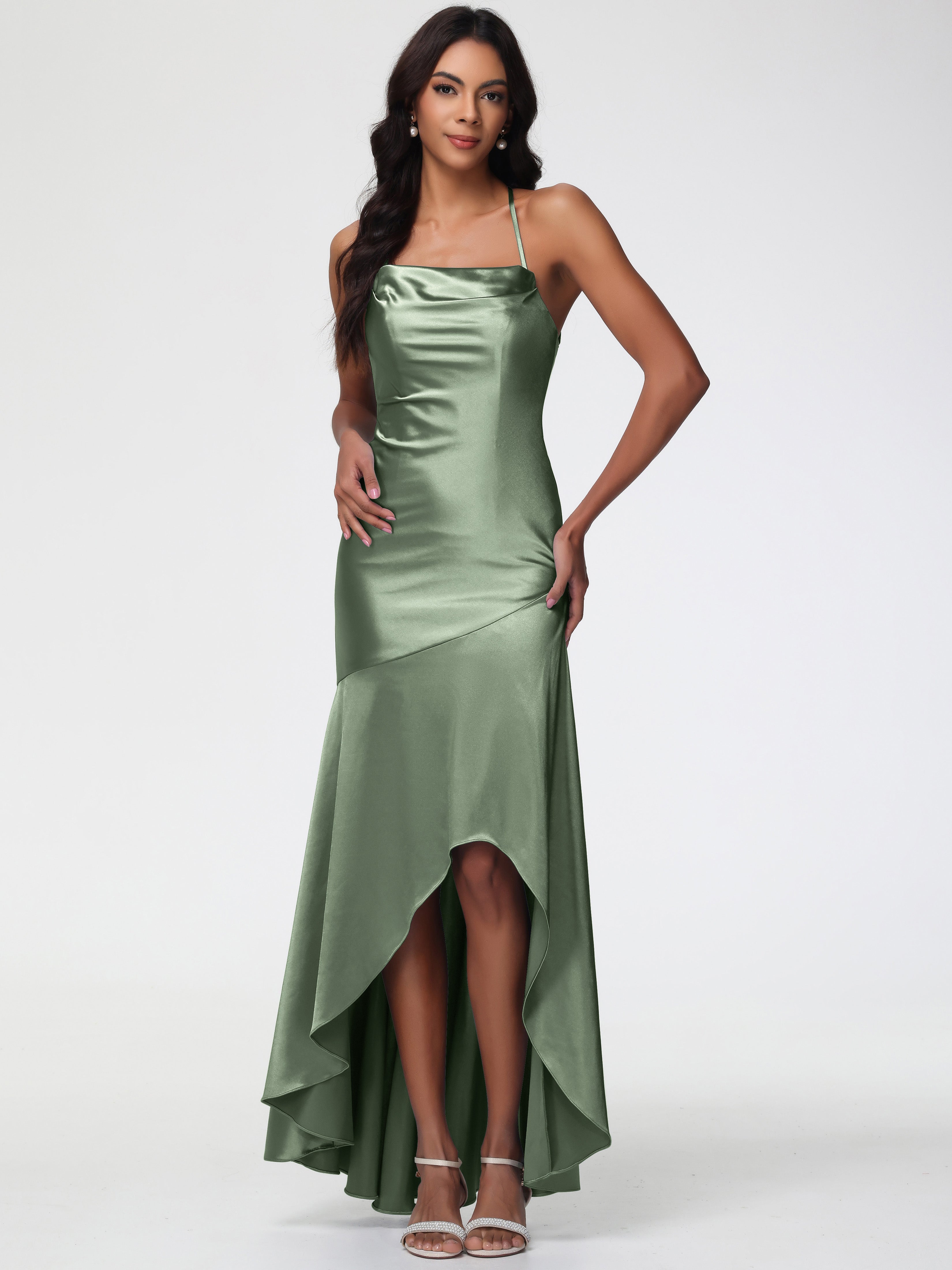 Demoiselles D'Honneur De Sauge Poussiéreuse Col Bénitier Satin Extensible Robe Fourreau Demoiselle D'Honneur Asymétrique