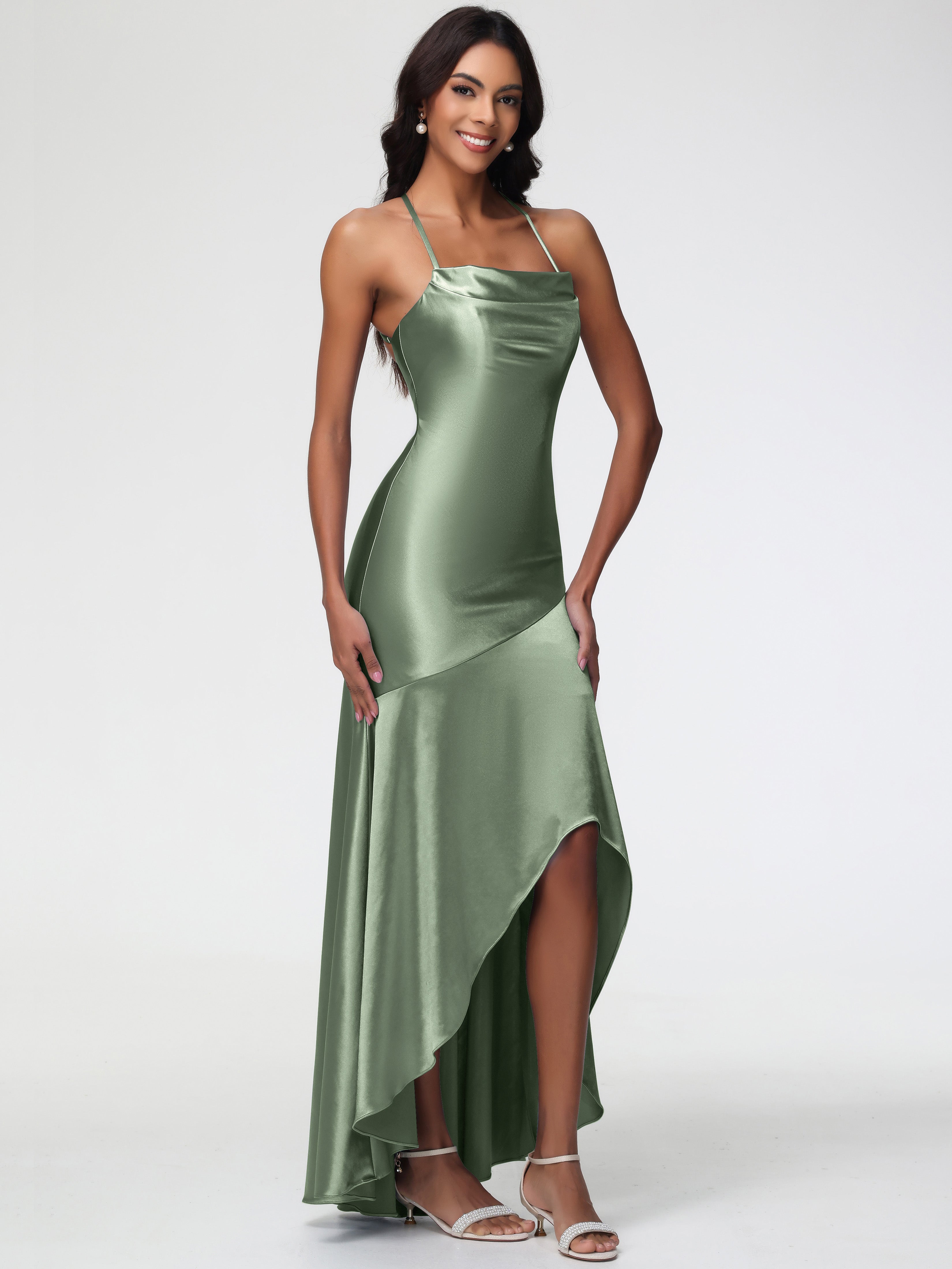 Demoiselles D'Honneur De Sauge Poussiéreuse Col Bénitier Satin Extensible Robe Fourreau Demoiselle D'Honneur Asymétrique