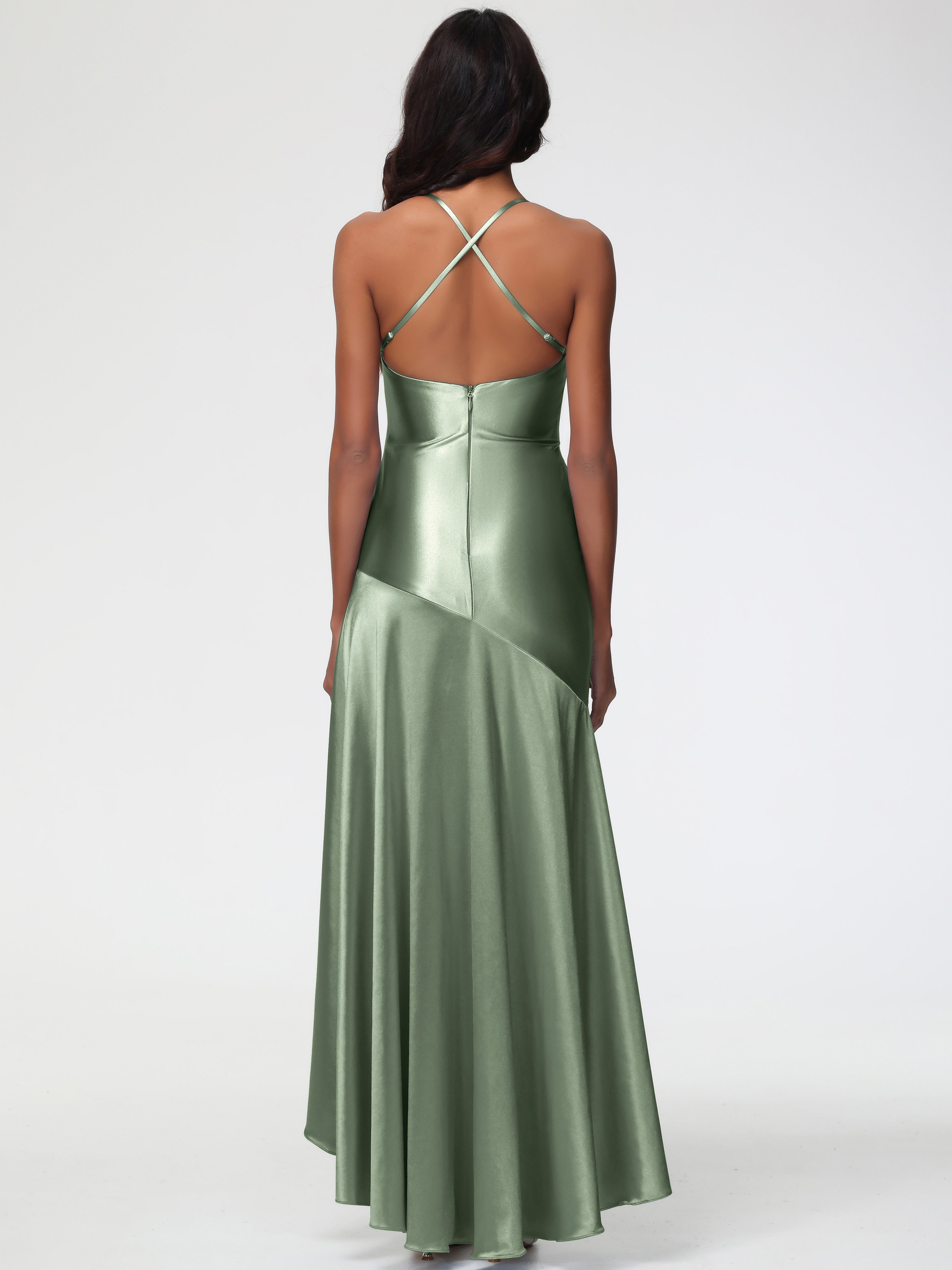 Demoiselles D'Honneur De Sauge Poussiéreuse Col Bénitier Satin Extensible Robe Fourreau Demoiselle D'Honneur Asymétrique