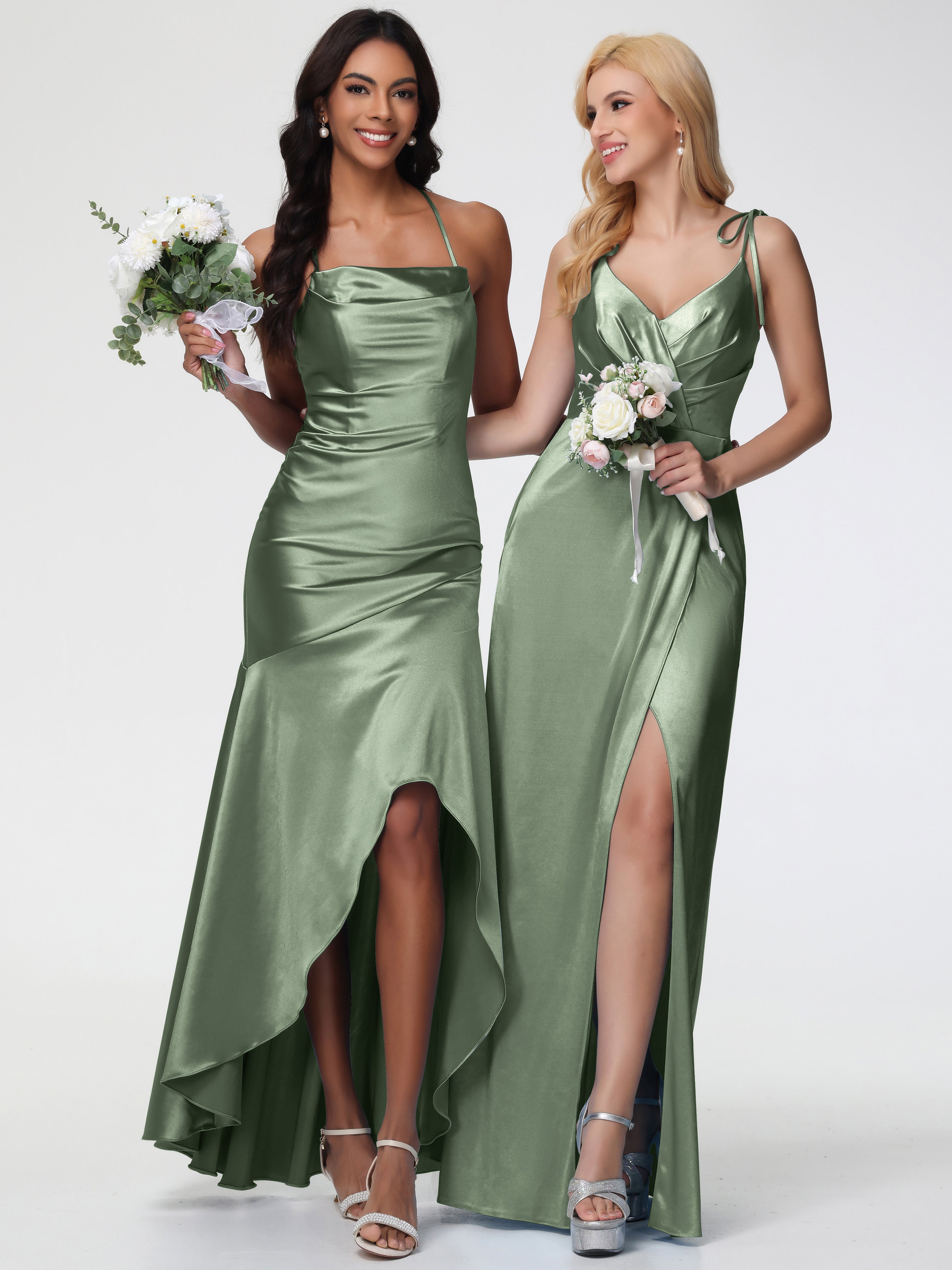 Demoiselles D'Honneur De Sauge Poussiéreuse Col Bénitier Satin Extensible Robe Fourreau Demoiselle D'Honneur Asymétrique