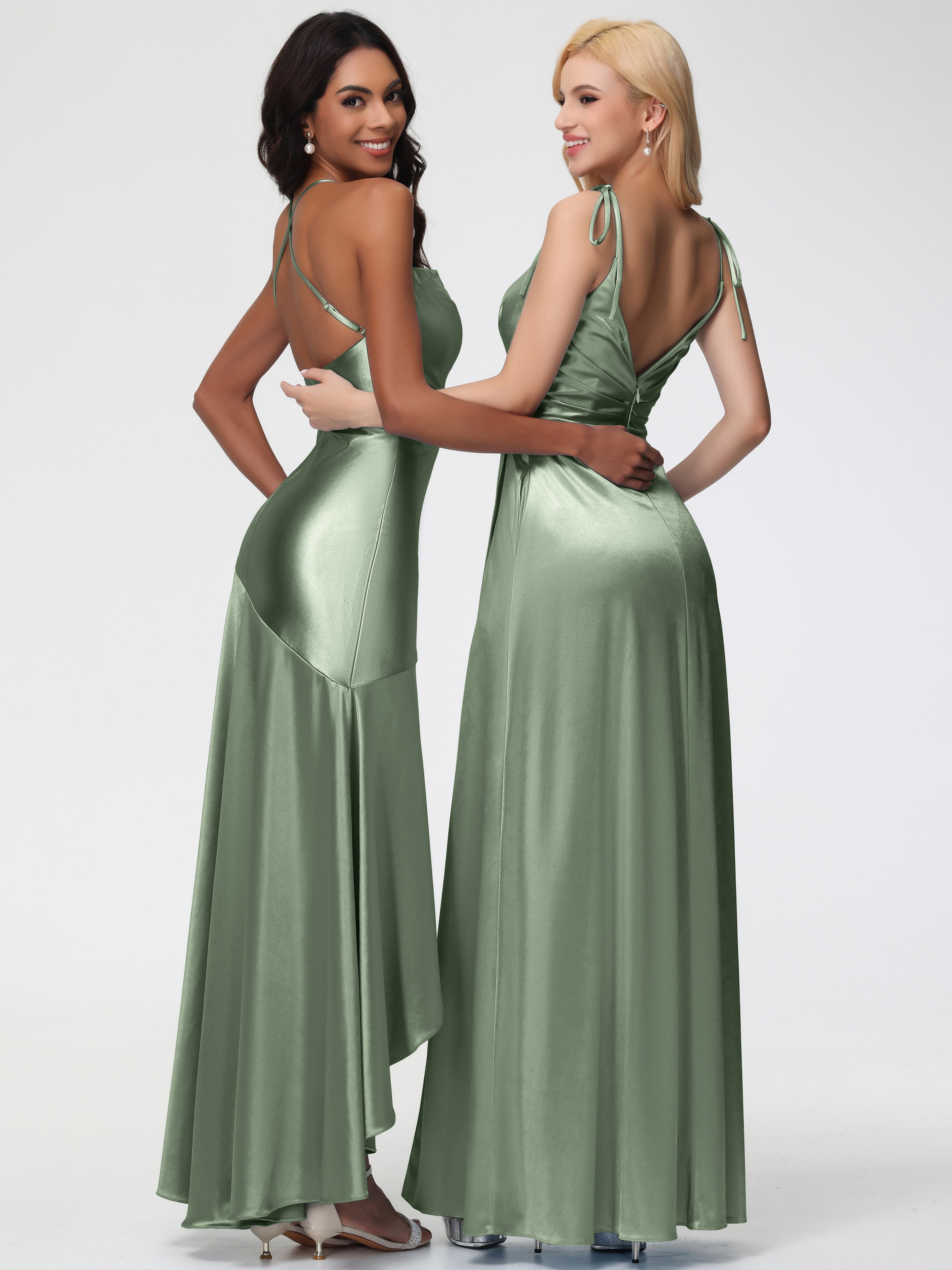 Demoiselles D'Honneur De Sauge Poussiéreuse Col Bénitier Satin Extensible Robe Fourreau Demoiselle D'Honneur Asymétrique