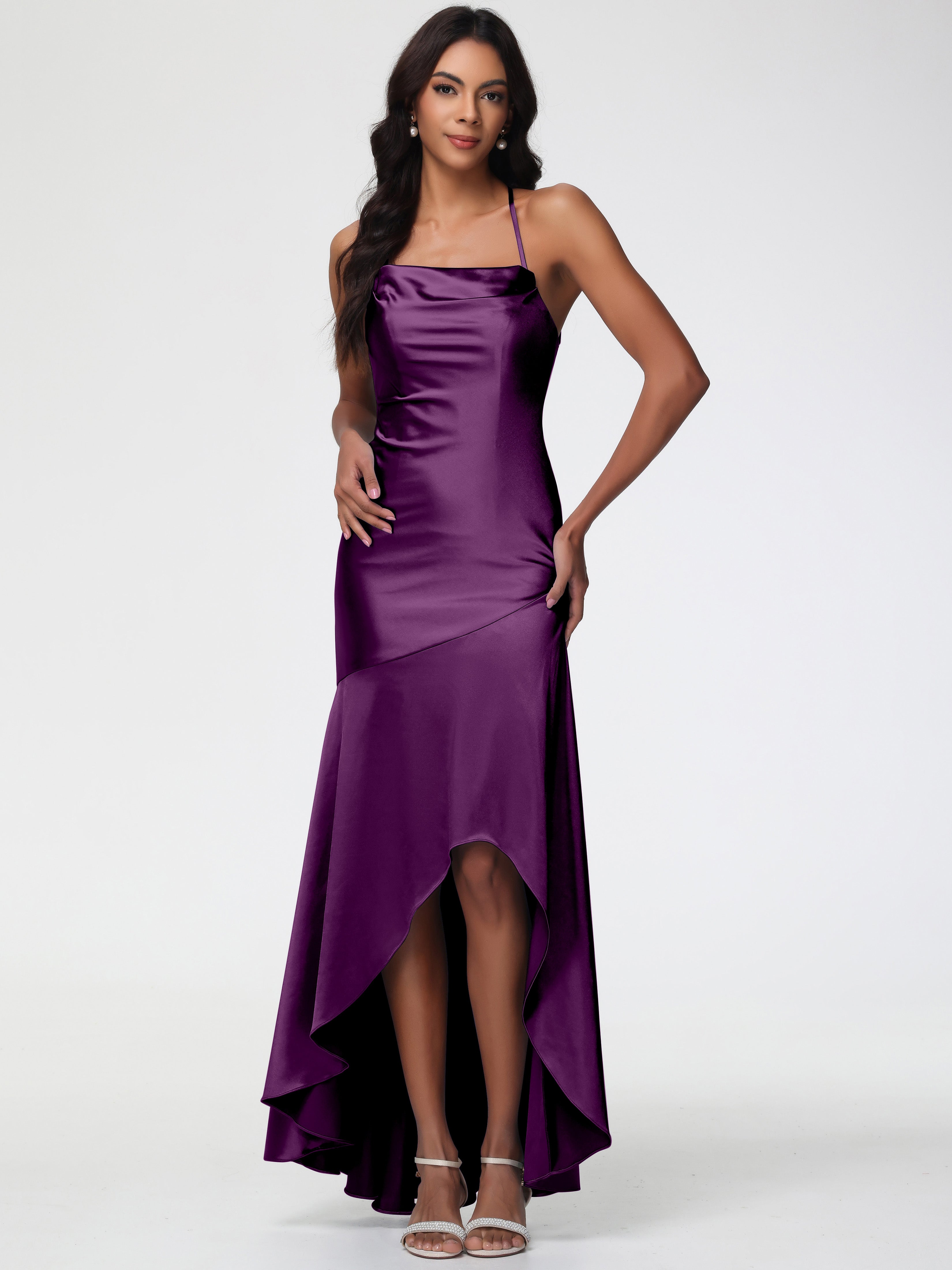 Robes De Demoiselle D'Honneur En Raisin Col Bénitier Satin Extensible Robe Fourreau Demoiselle D'Honneur Asymétrique