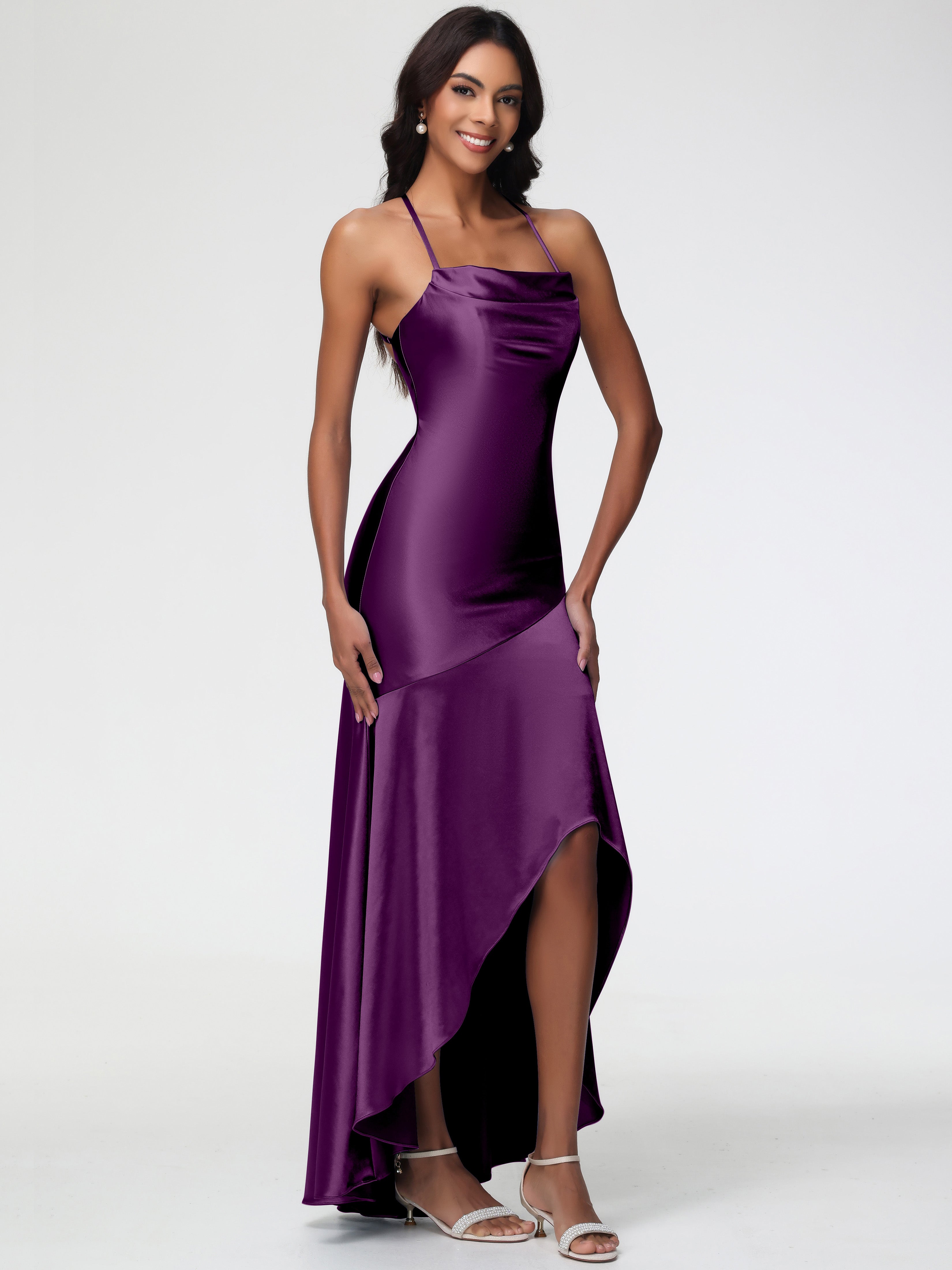 Robes De Demoiselle D'Honneur En Raisin Col Bénitier Satin Extensible Robe Fourreau Demoiselle D'Honneur Asymétrique