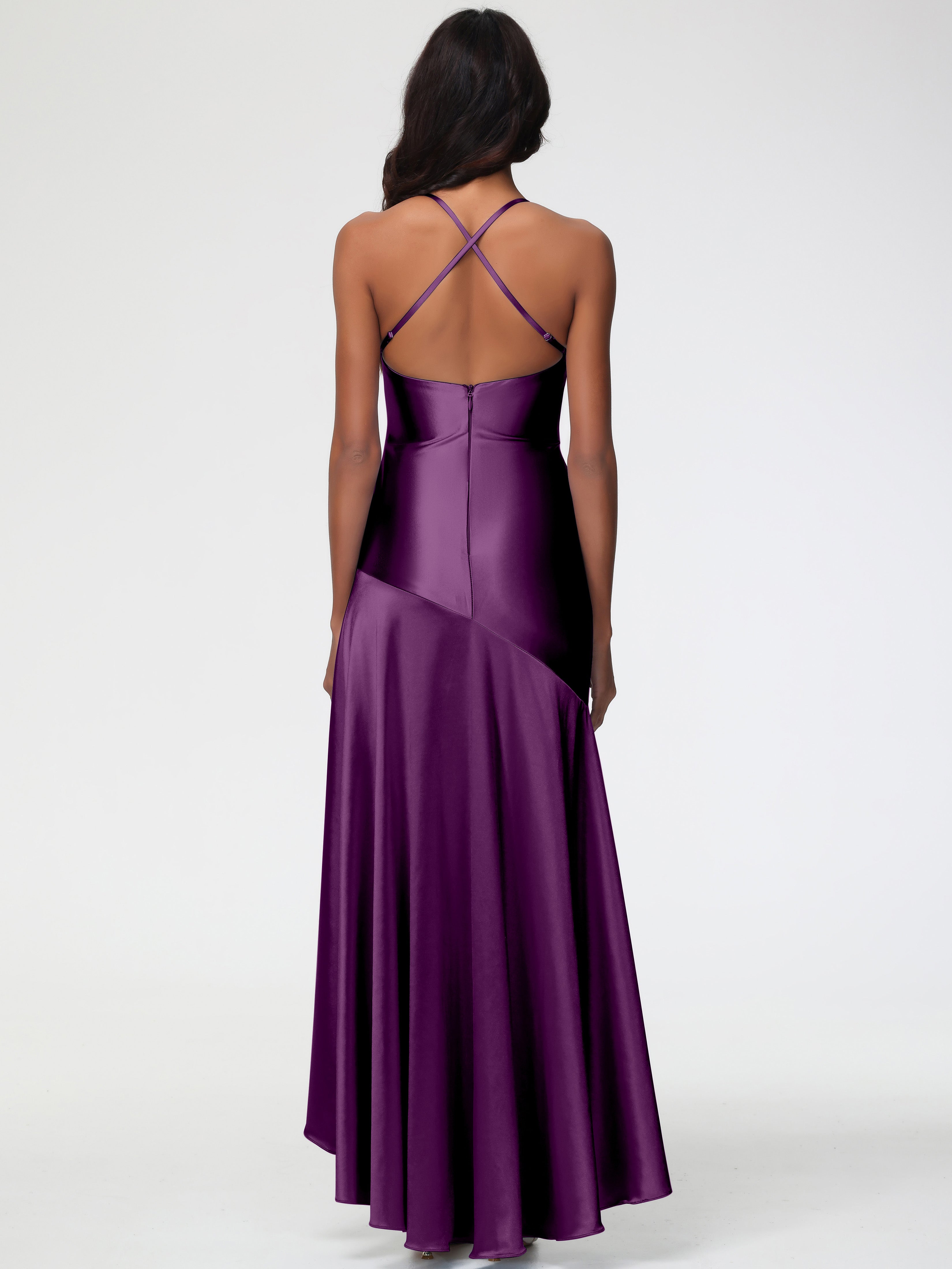 Robes De Demoiselle D'Honneur En Raisin Col Bénitier Satin Extensible Robe Fourreau Demoiselle D'Honneur Asymétrique