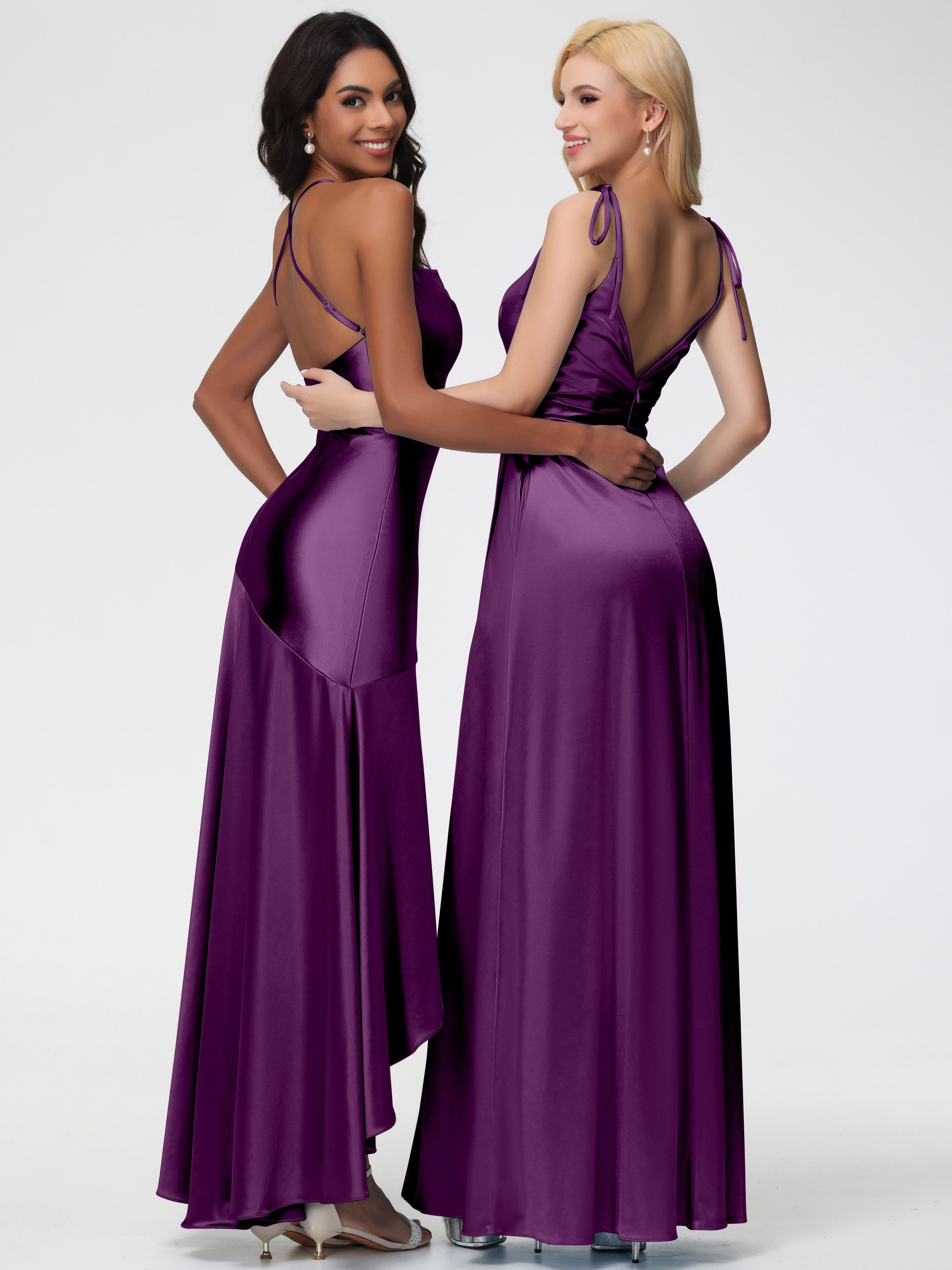 Robes De Demoiselle D'Honneur En Raisin Col Bénitier Satin Extensible Robe Fourreau Demoiselle D'Honneur Asymétrique