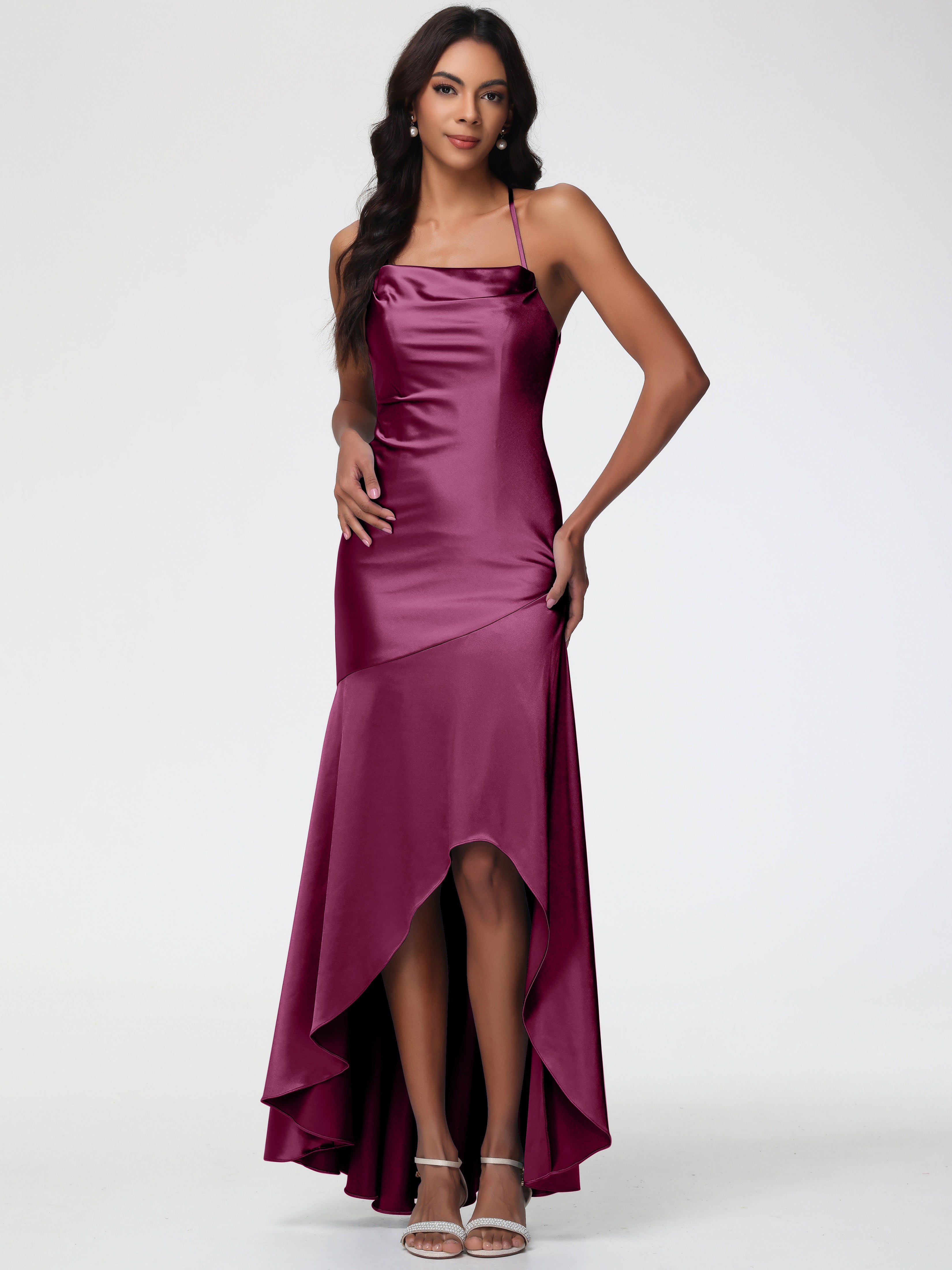 Robes De Demoiselle D'Honneur Mure Col Bénitier Satin Extensible Robe Fourreau Demoiselle D'Honneur Asymétrique