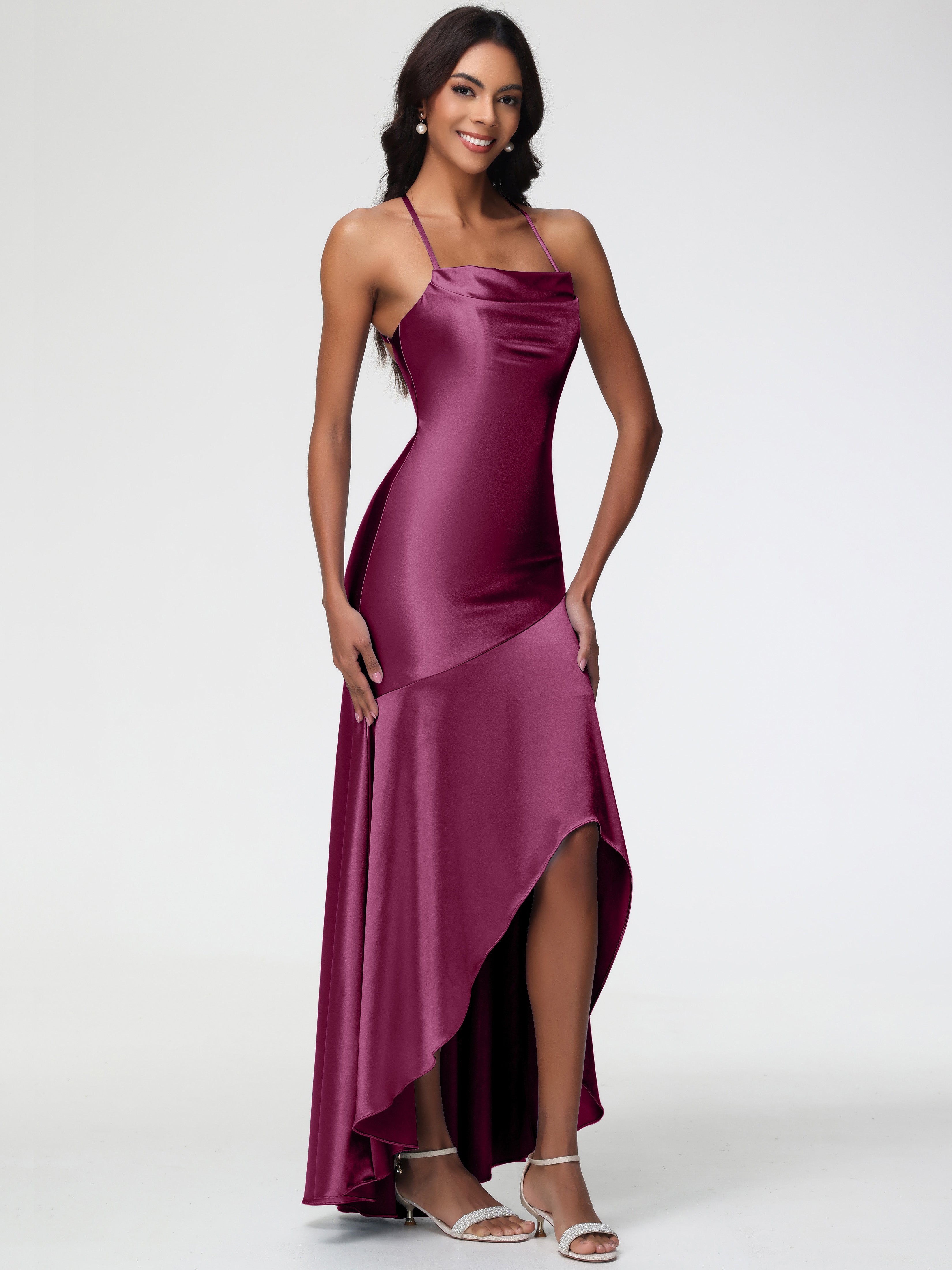 Robes De Demoiselle D'Honneur Mure Col Bénitier Satin Extensible Robe Fourreau Demoiselle D'Honneur Asymétrique