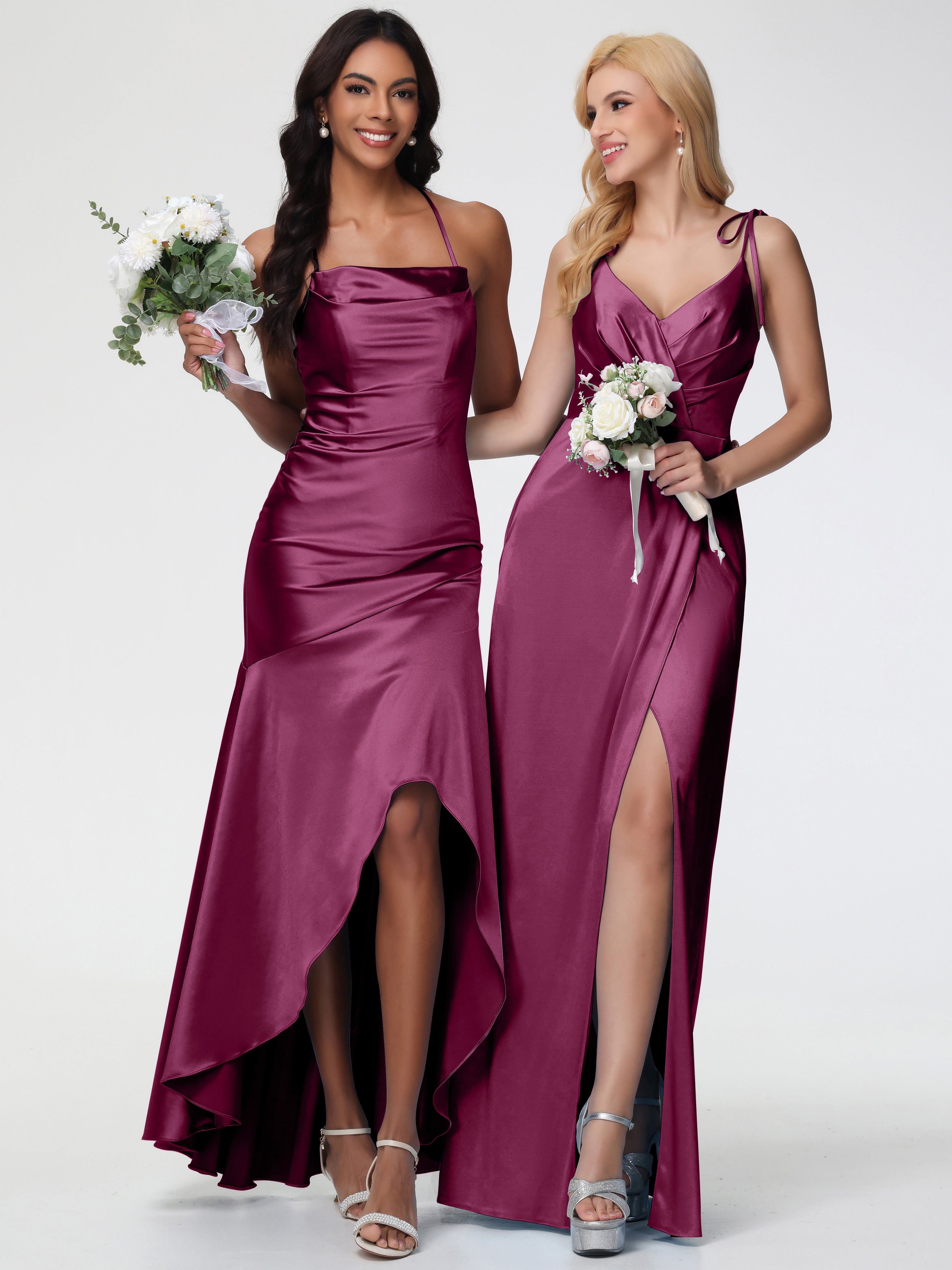 Robes De Demoiselle D'Honneur Mure Col Bénitier Satin Extensible Robe Fourreau Demoiselle D'Honneur Asymétrique