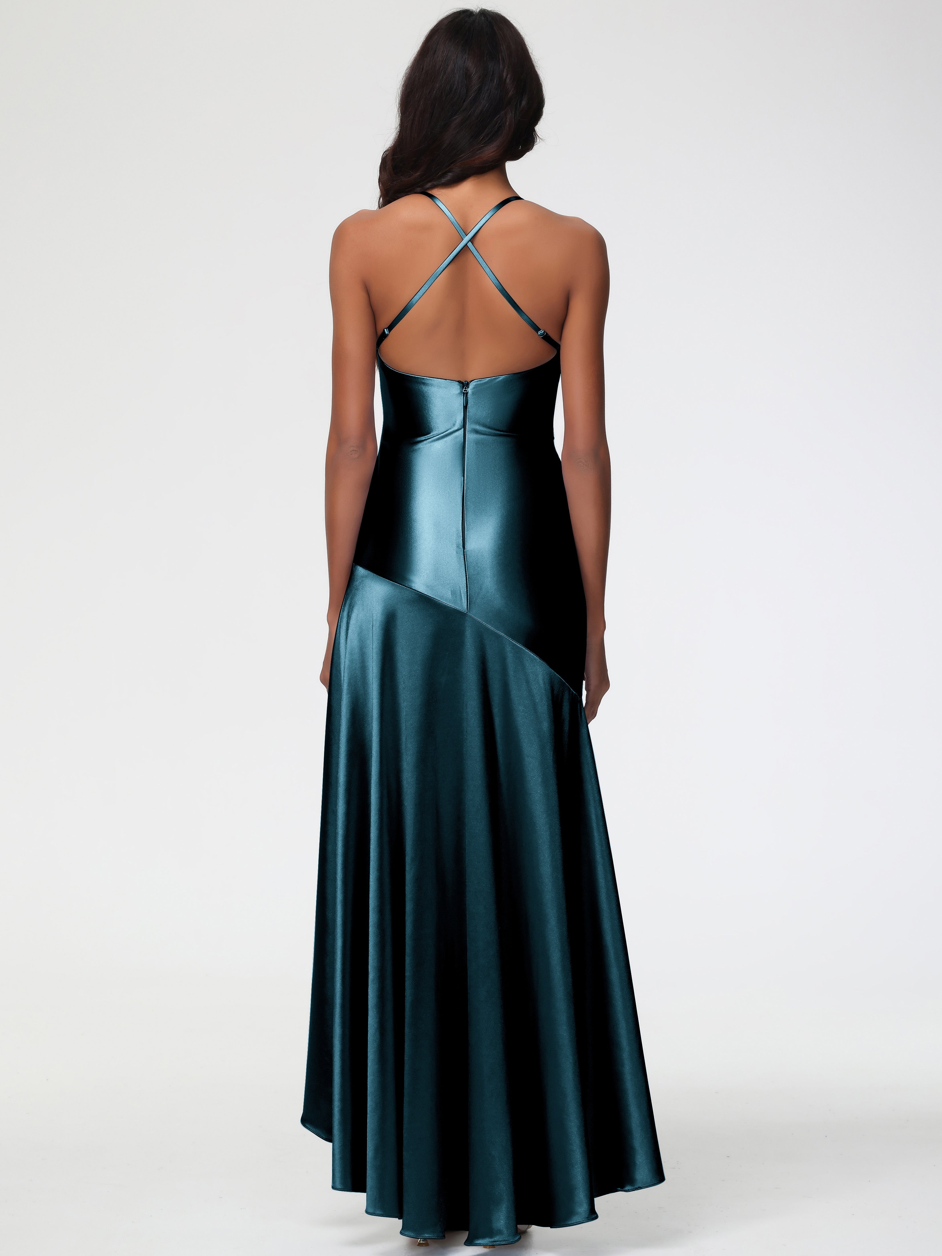 Robes De Demoiselle D'Honneur Bleu Paon Col Bénitier Satin Extensible Robe Fourreau Demoiselle D'Honneur Asymétrique