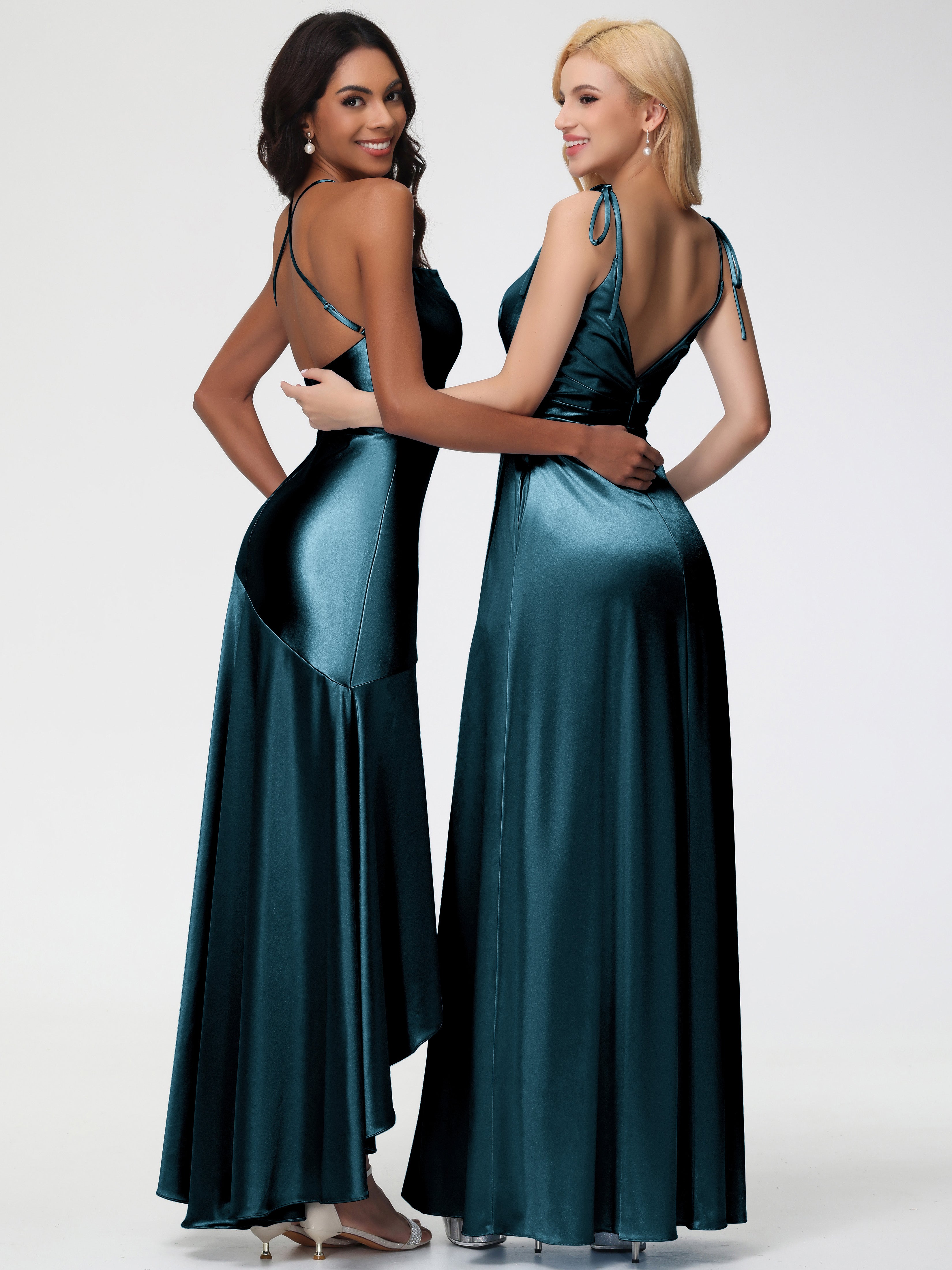 Robes De Demoiselle D'Honneur Bleu Paon Col Bénitier Satin Extensible Robe Fourreau Demoiselle D'Honneur Asymétrique