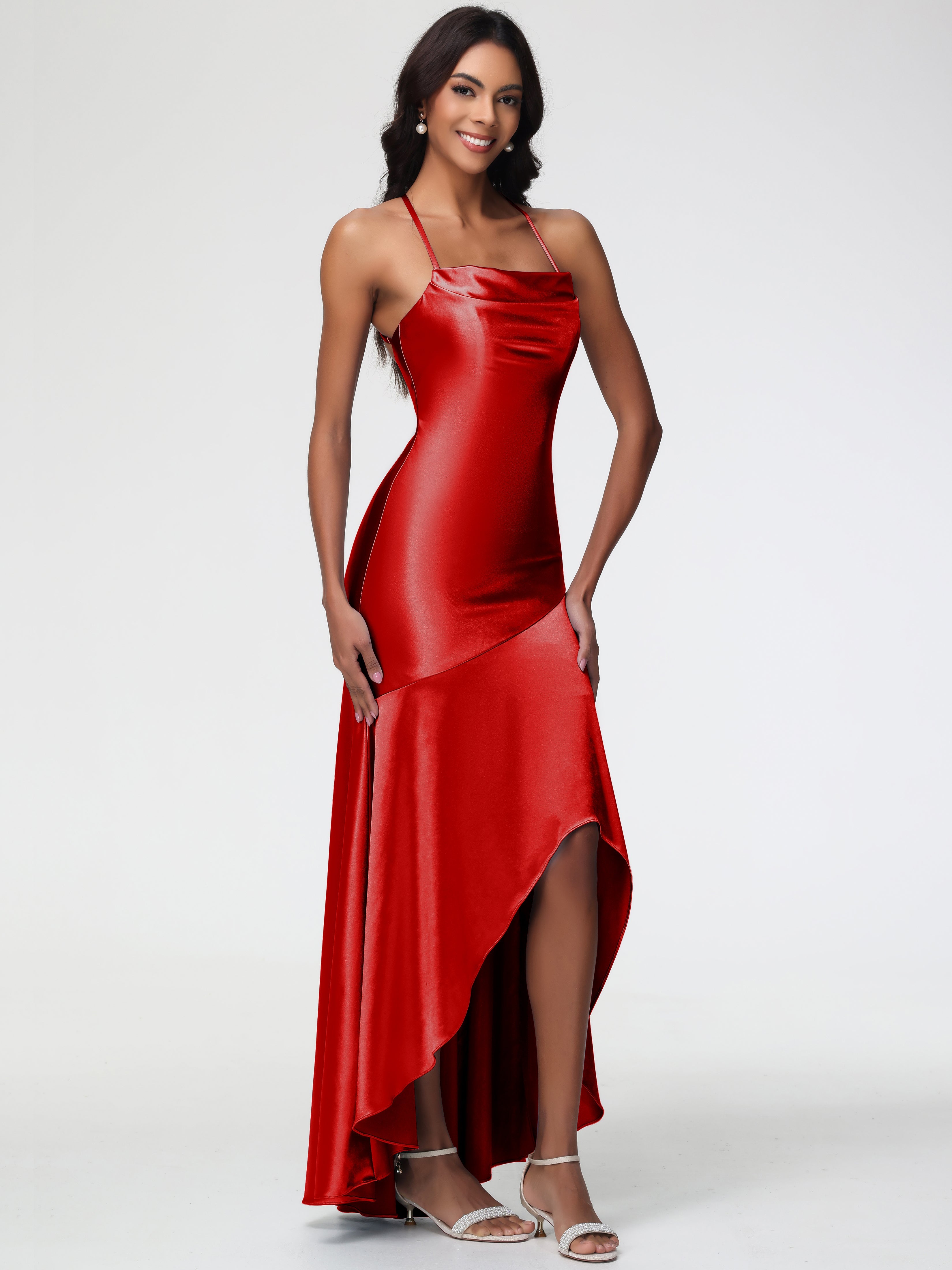 Robe Rouge De Demoiselle D Honneur Col Bénitier Satin Extensible Robe Fourreau Demoiselle D'Honneur Asymétrique