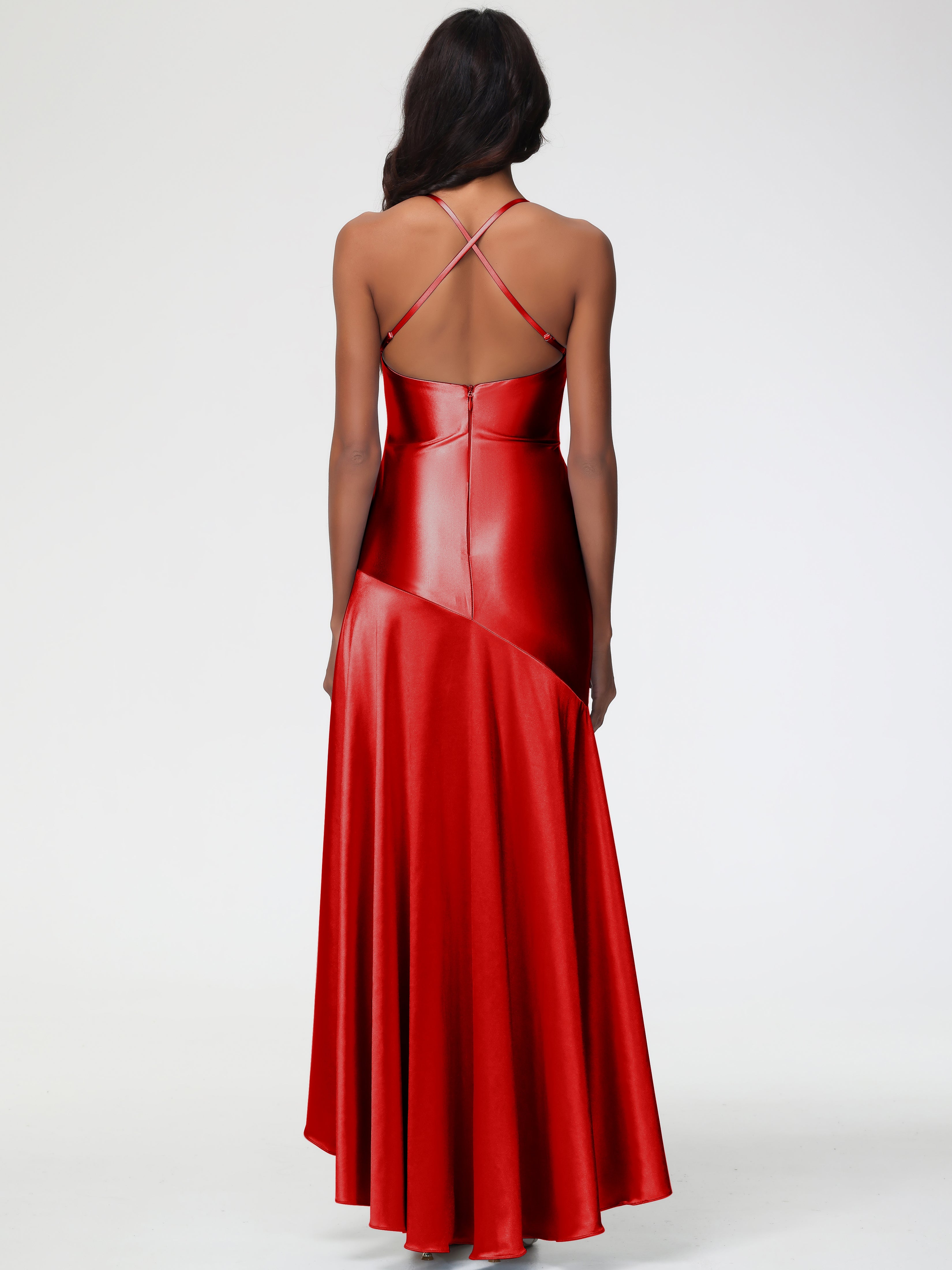 Robe Rouge De Demoiselle D Honneur Col Bénitier Satin Extensible Robe Fourreau Demoiselle D'Honneur Asymétrique