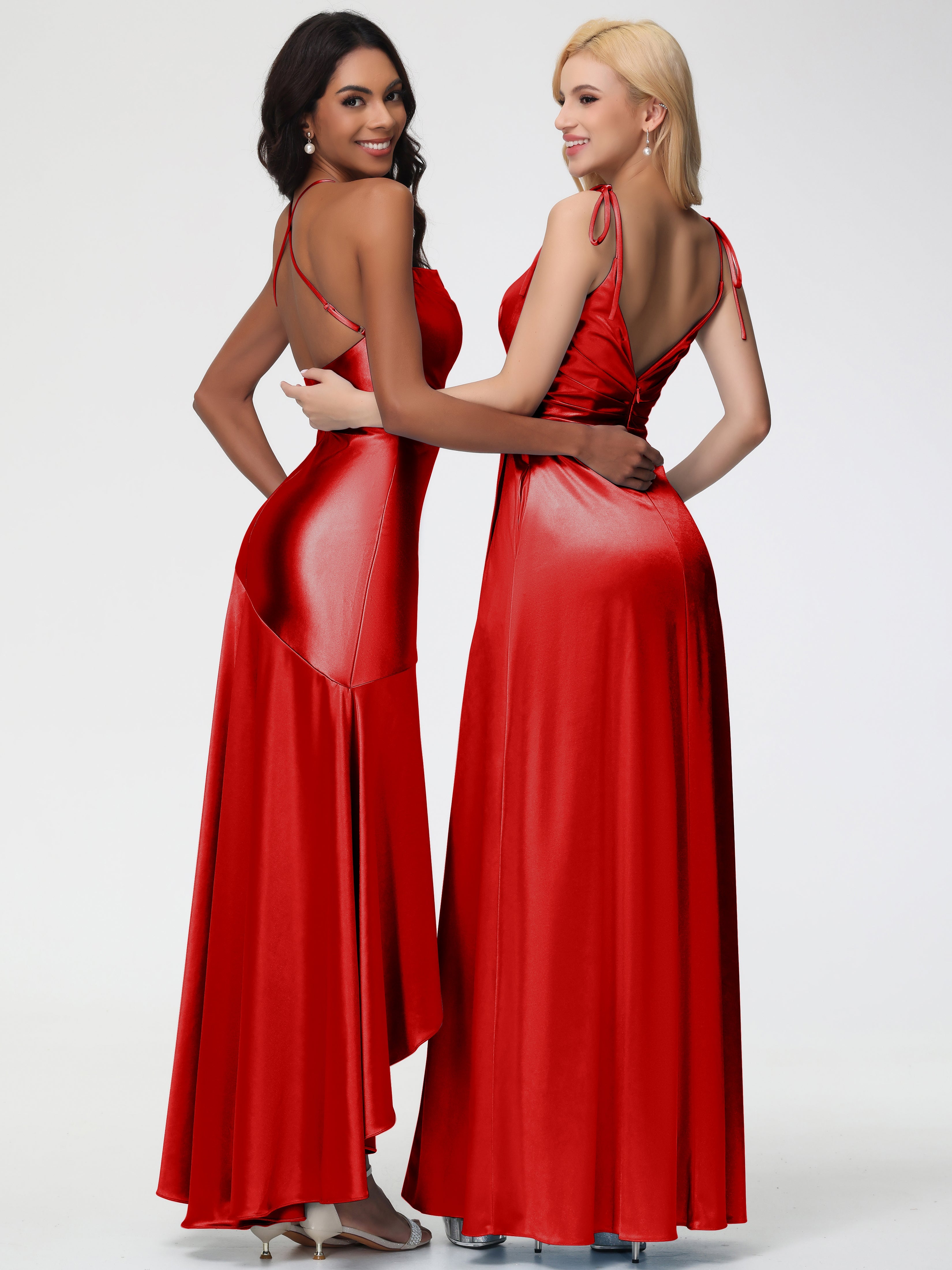 Robe Rouge De Demoiselle D Honneur Col Bénitier Satin Extensible Robe Fourreau Demoiselle D'Honneur Asymétrique