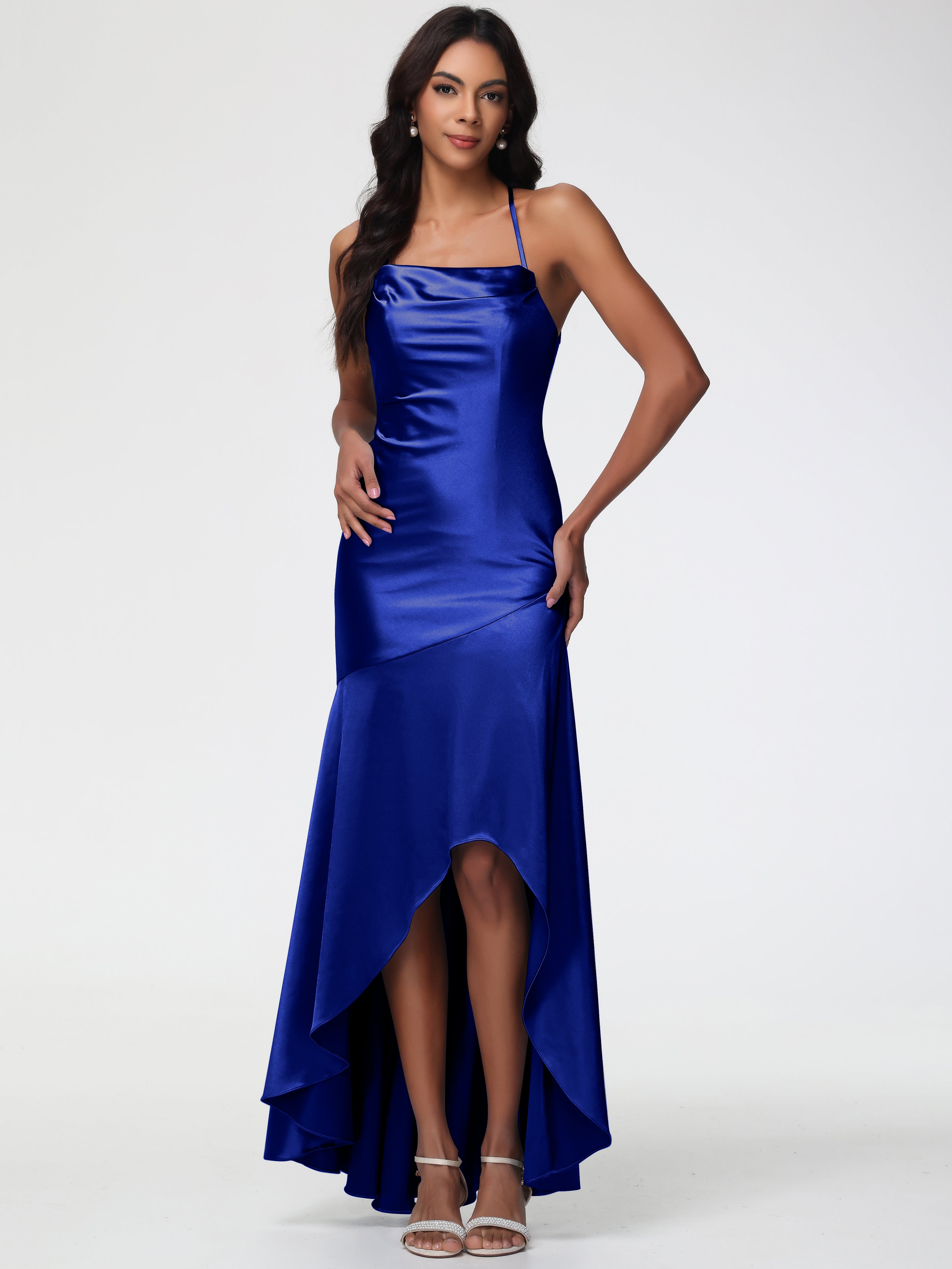 Robes De Demoiselle D'Honneur Bleu Royal Col Bénitier Satin Extensible Robe Fourreau Demoiselle D'Honneur Asymétrique