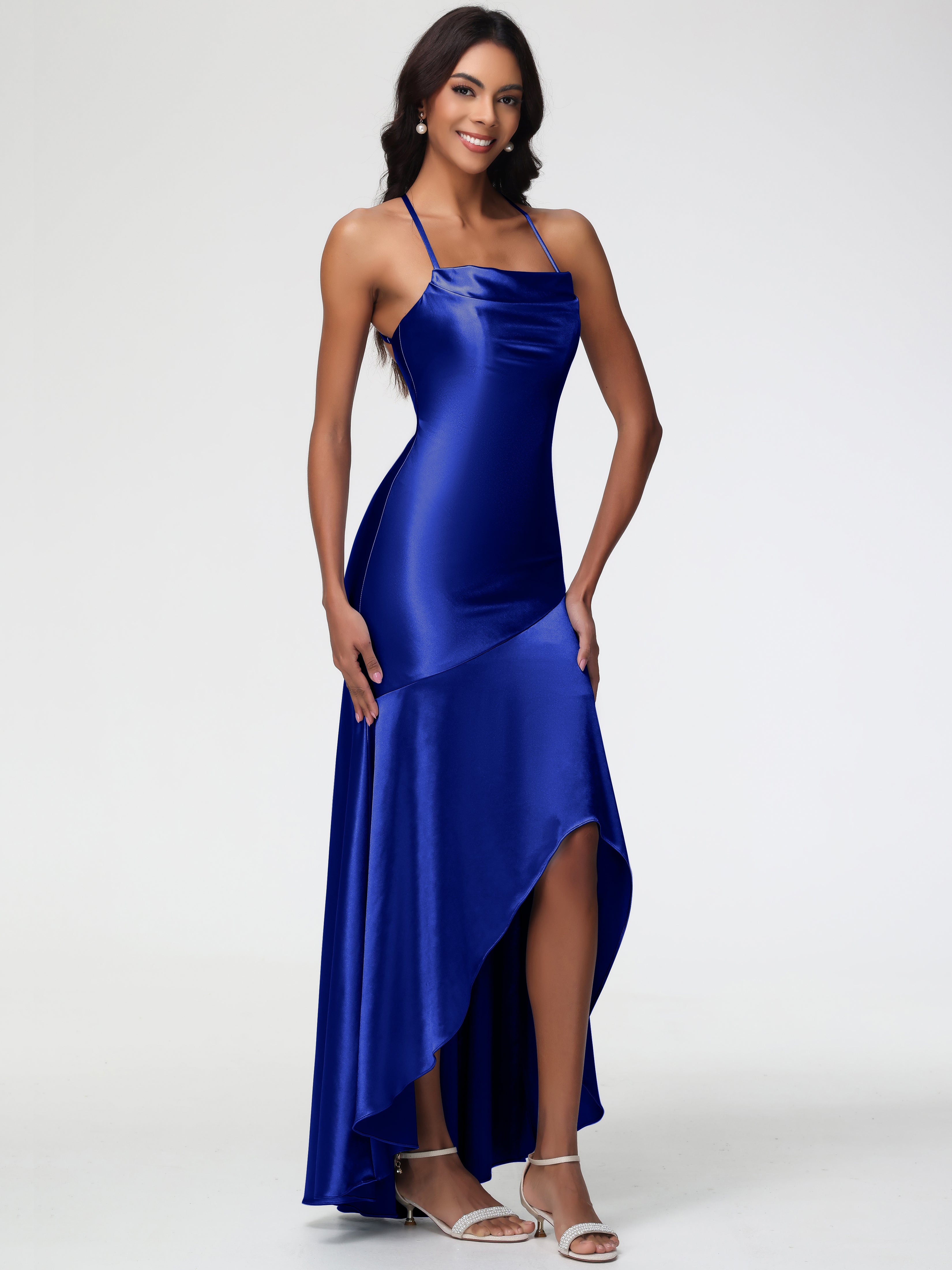 Robes De Demoiselle D'Honneur Bleu Royal Col Bénitier Satin Extensible Robe Fourreau Demoiselle D'Honneur Asymétrique