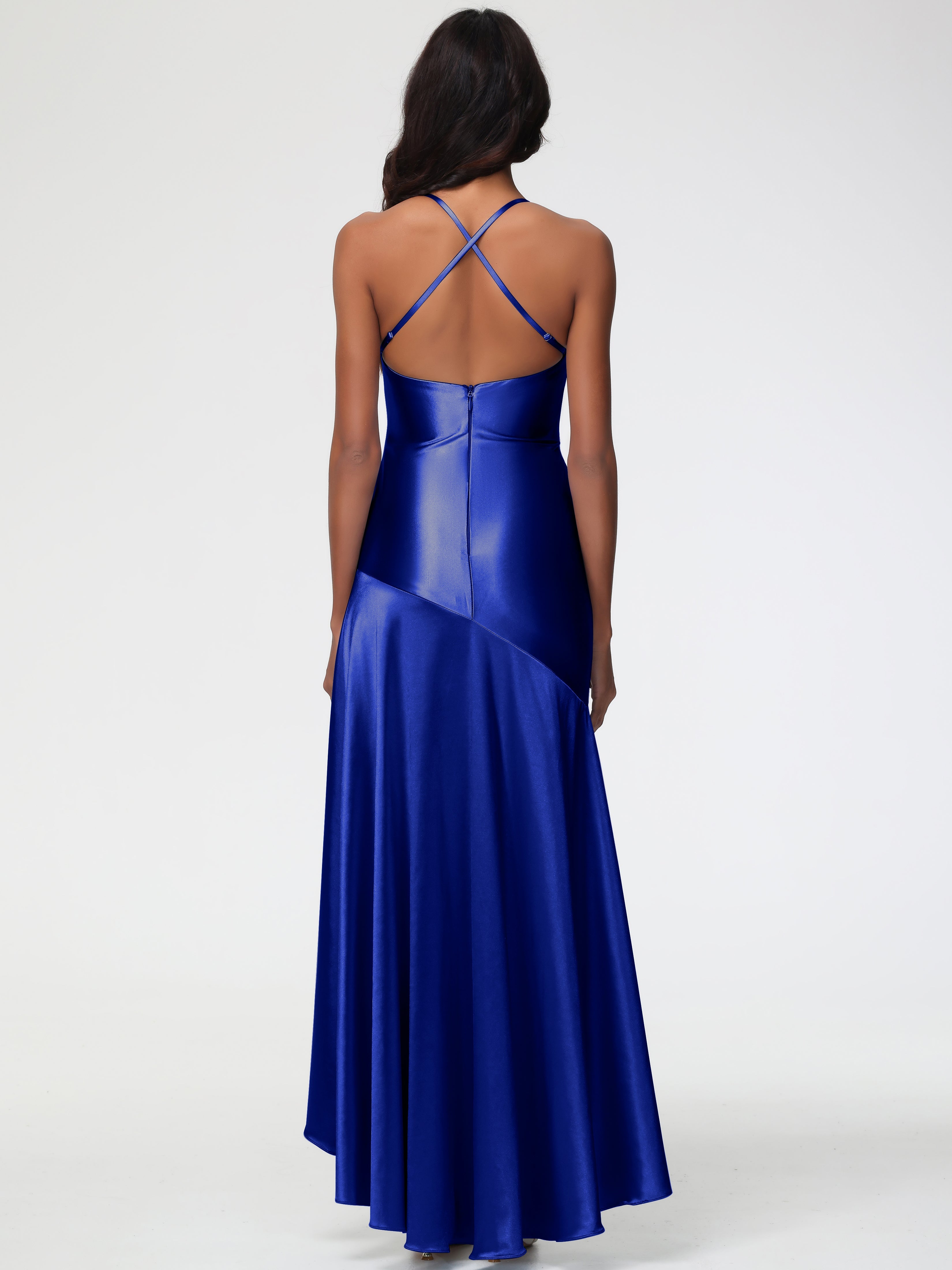 Robes De Demoiselle D'Honneur Bleu Royal Col Bénitier Satin Extensible Robe Fourreau Demoiselle D'Honneur Asymétrique