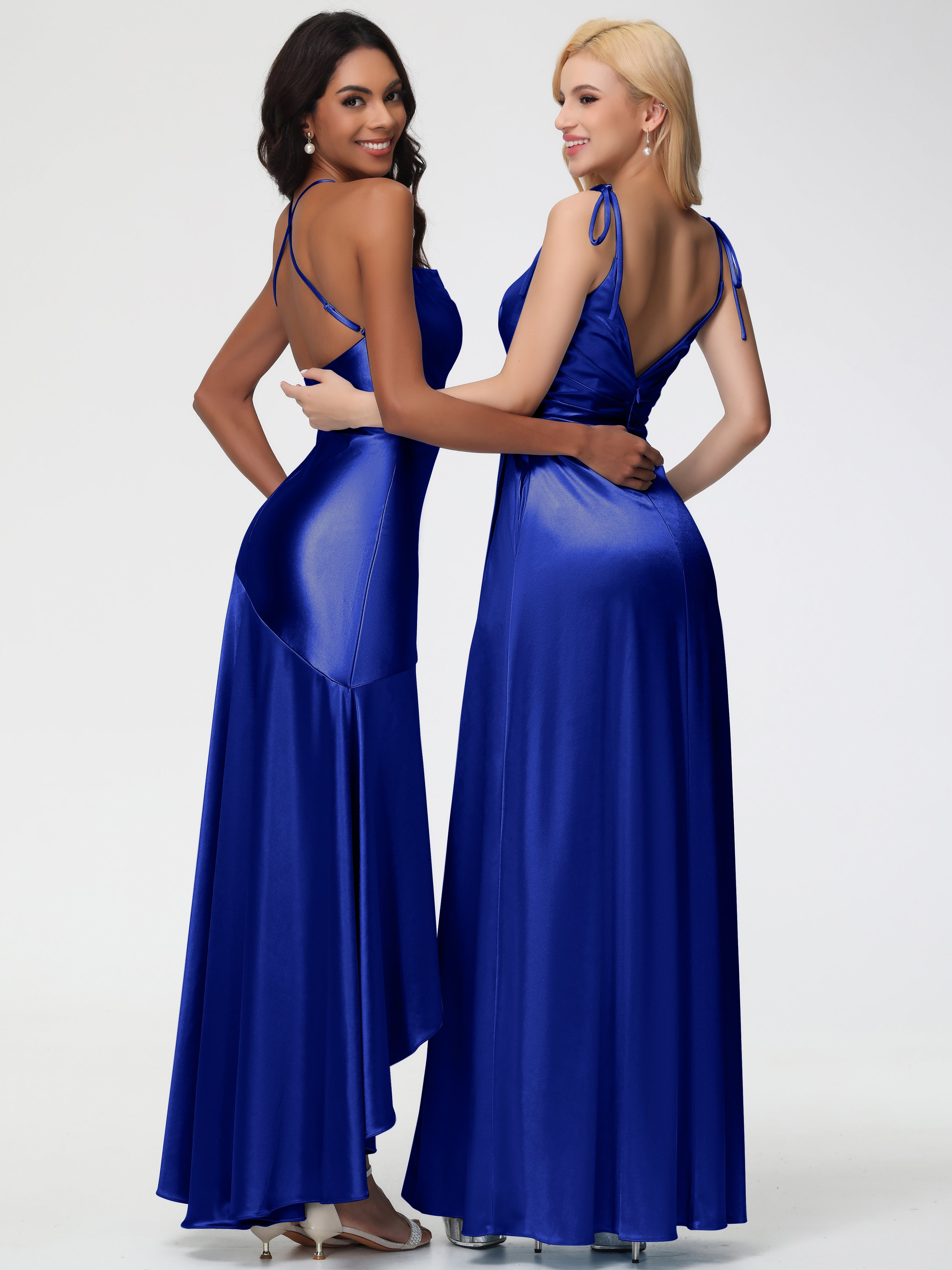 Robes De Demoiselle D'Honneur Bleu Royal Col Bénitier Satin Extensible Robe Fourreau Demoiselle D'Honneur Asymétrique