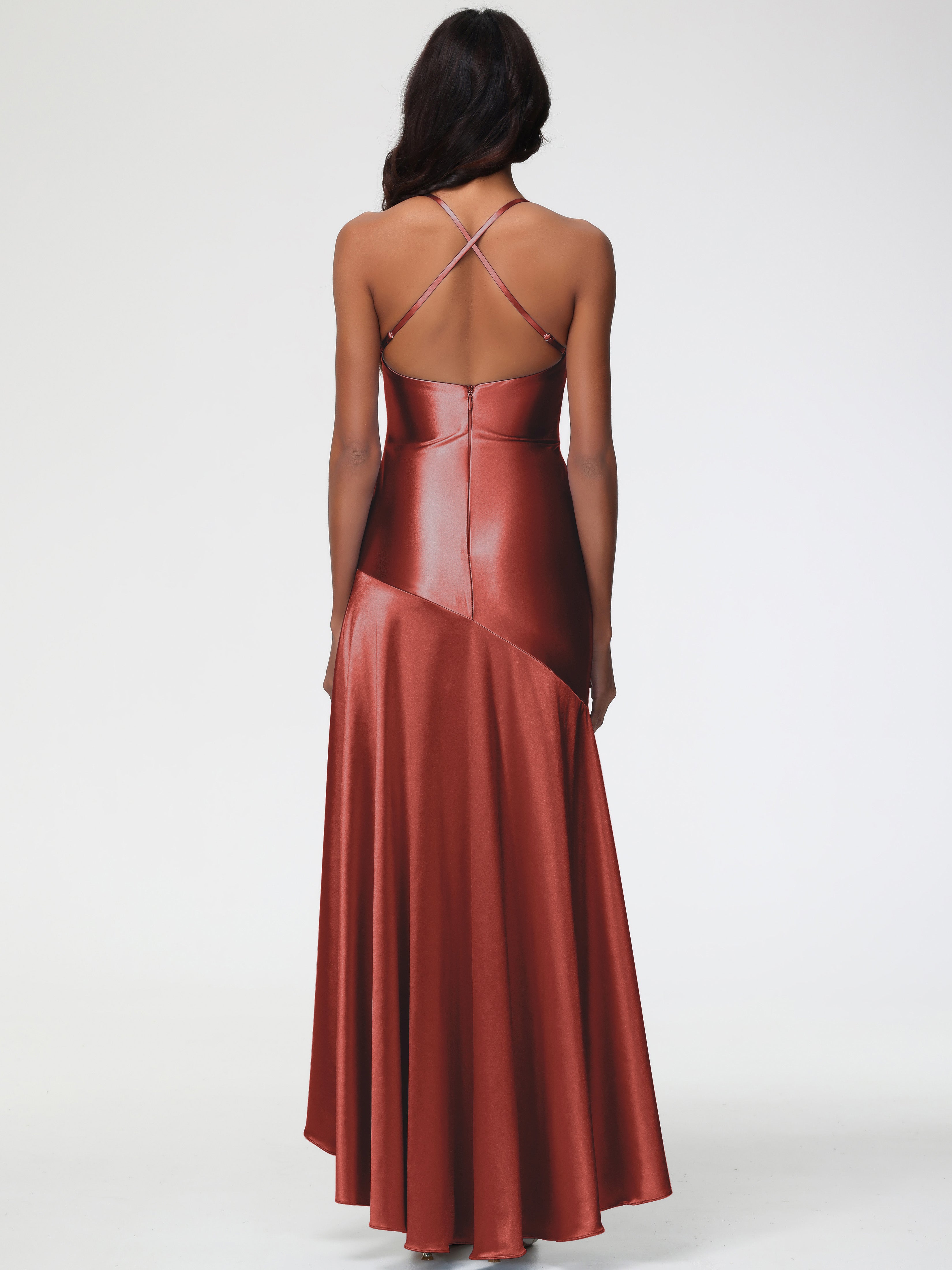 Robes De Demoiselle D'Honneur Rouille Bon Marché Col Bénitier Satin Extensible Robe Fourreau Demoiselle D'Honneur Asymétrique